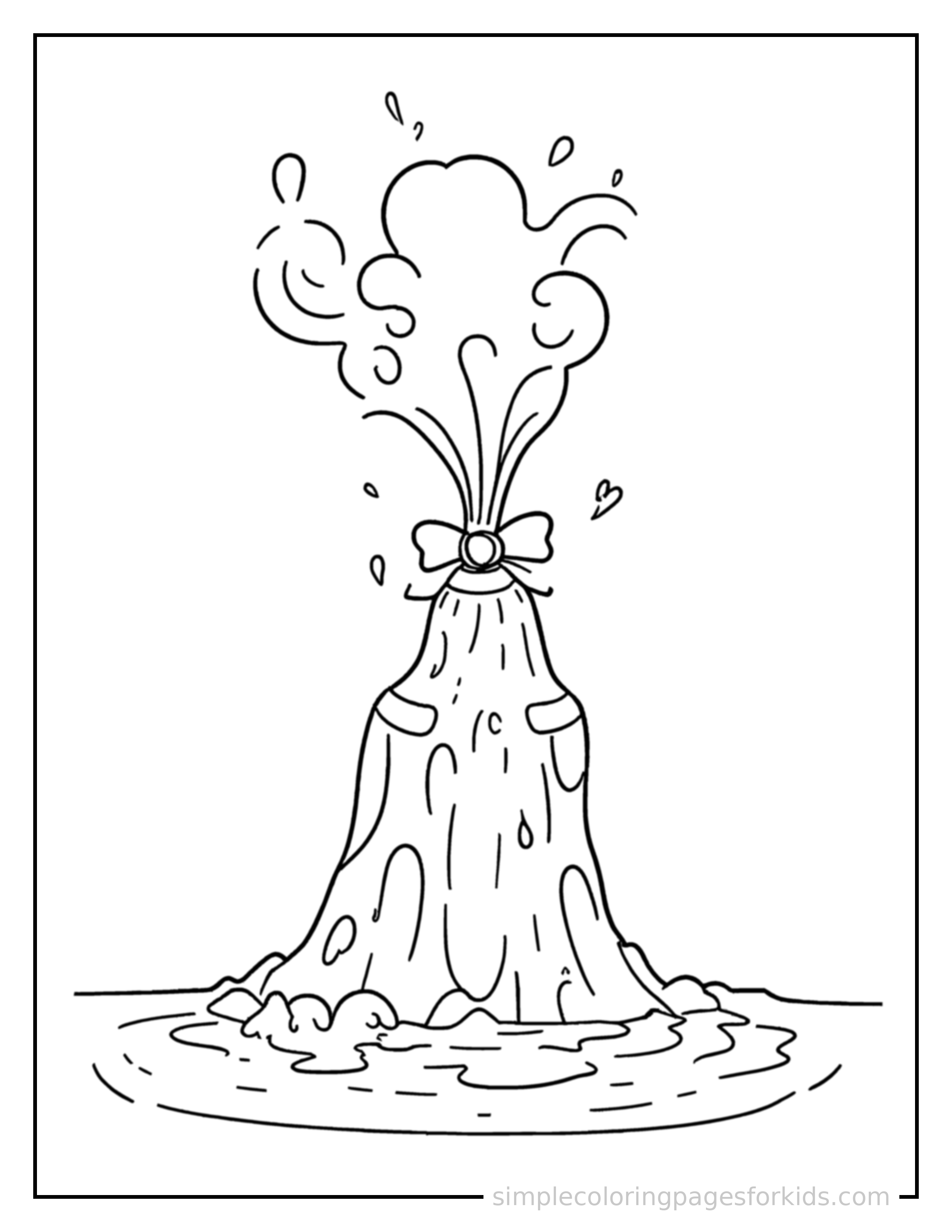 Free printable erupting geyser coloring page featuring a cute erupting geyser, decorated with a simple bow or ribbon for a festive touch.