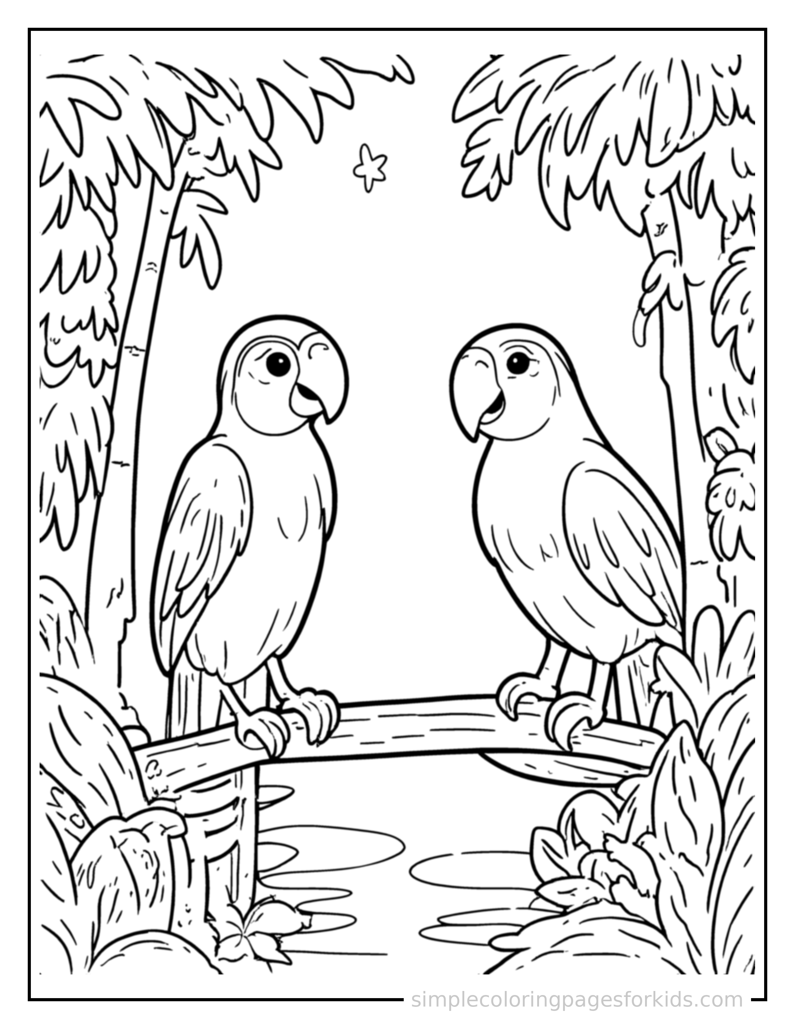Free printable rainforest canopy coloring page featuring a cute rainforest canopy, shown from a slightly different angle with small decorative sparkle marks nearby.
