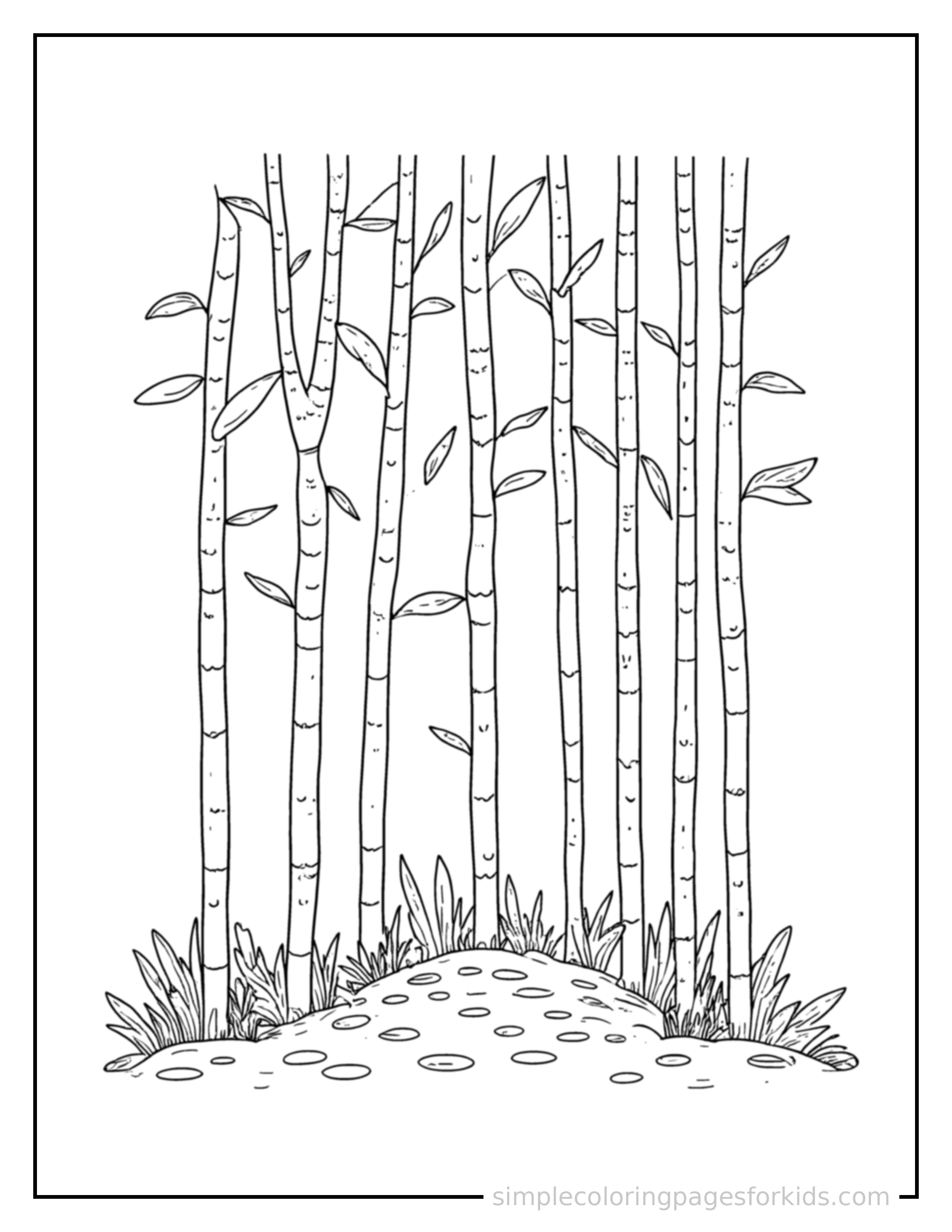 Free printable bamboo forest coloring page featuring a cute bamboo forest, shown with a smaller mini version of itself beside it.