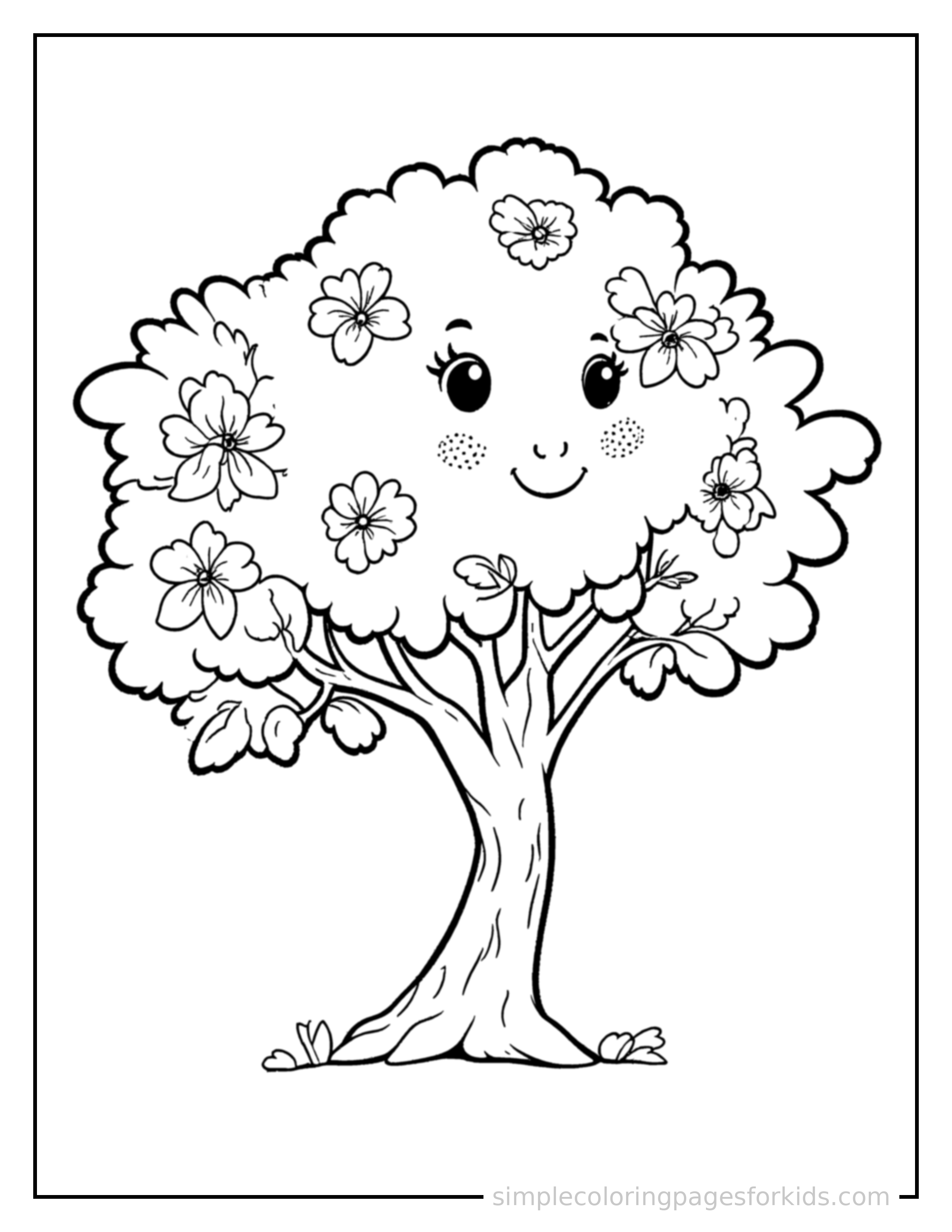 Free printable blooming cherry blossom tree coloring page featuring a cute blooming cherry blossom tree, shown as a simple central illustration with a cute smiling face.