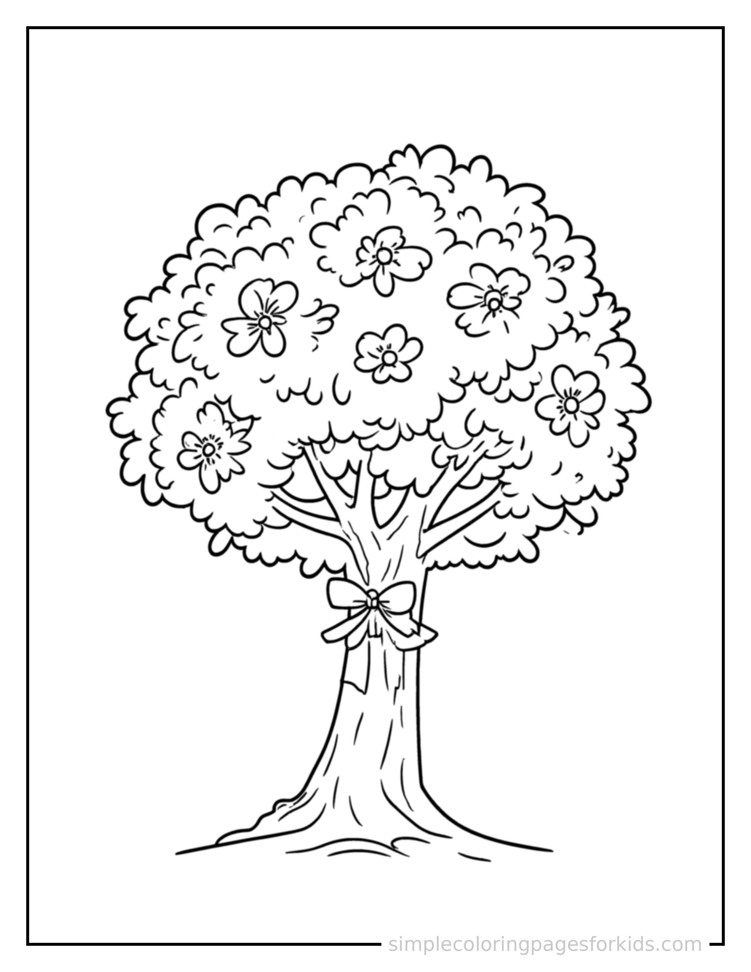 Free printable blooming cherry blossom tree coloring page featuring a cute blooming cherry blossom tree, decorated with a simple bow or ribbon for a festive touch.