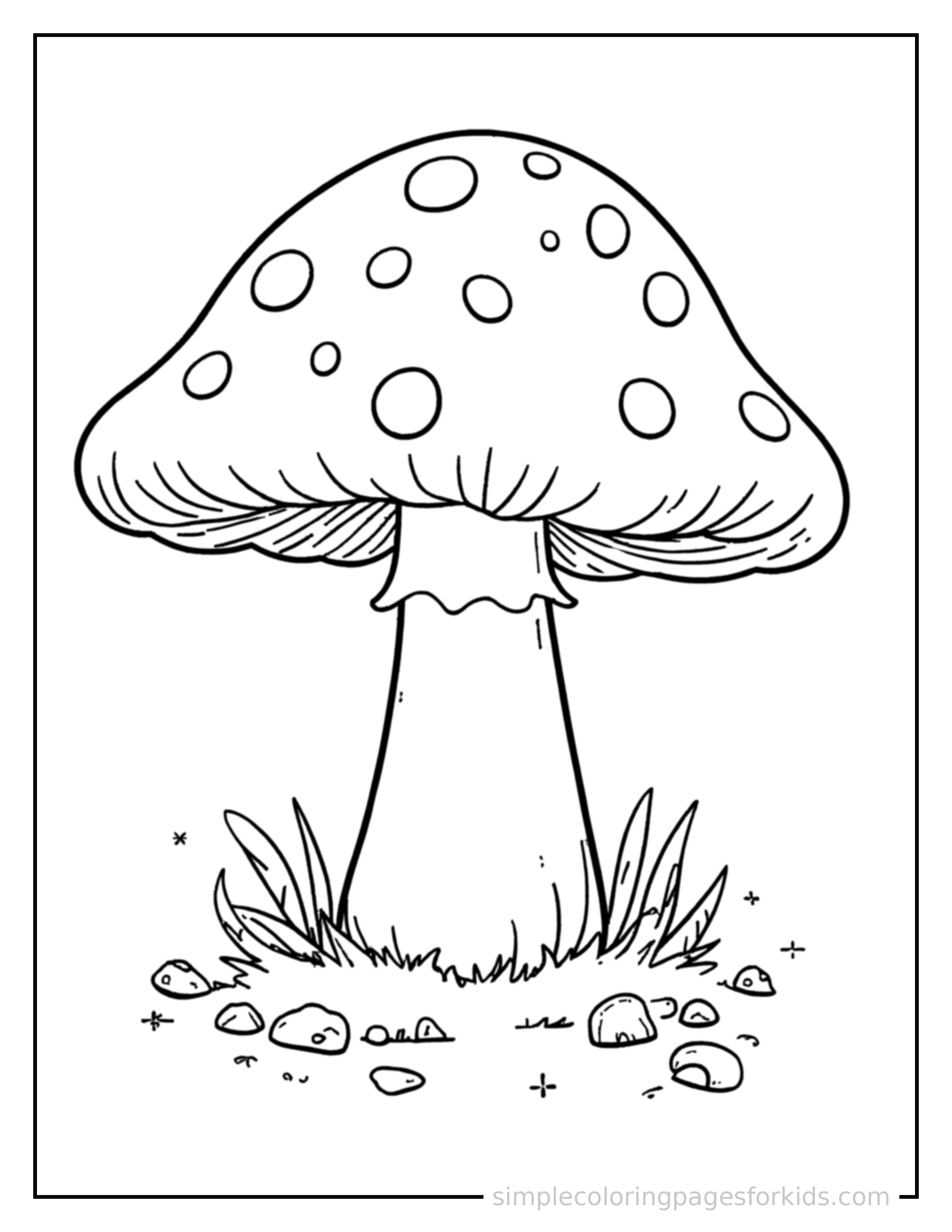 Free printable cute mushroom coloring page featuring a cute mushroom, shown from a slightly different angle with small decorative sparkle marks nearby.