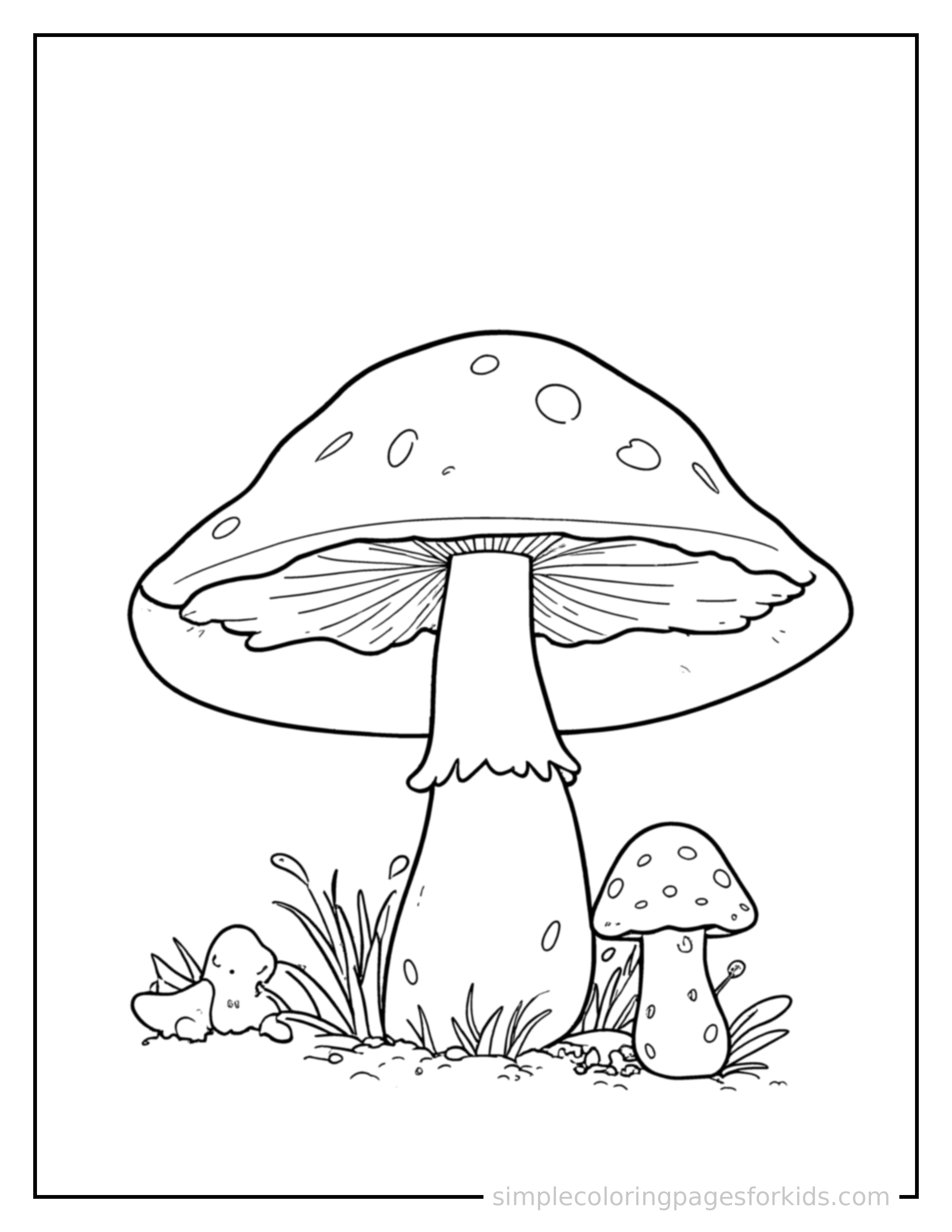 Free printable cute mushroom coloring page featuring a cute mushroom, shown with a smaller mini version of itself beside it.