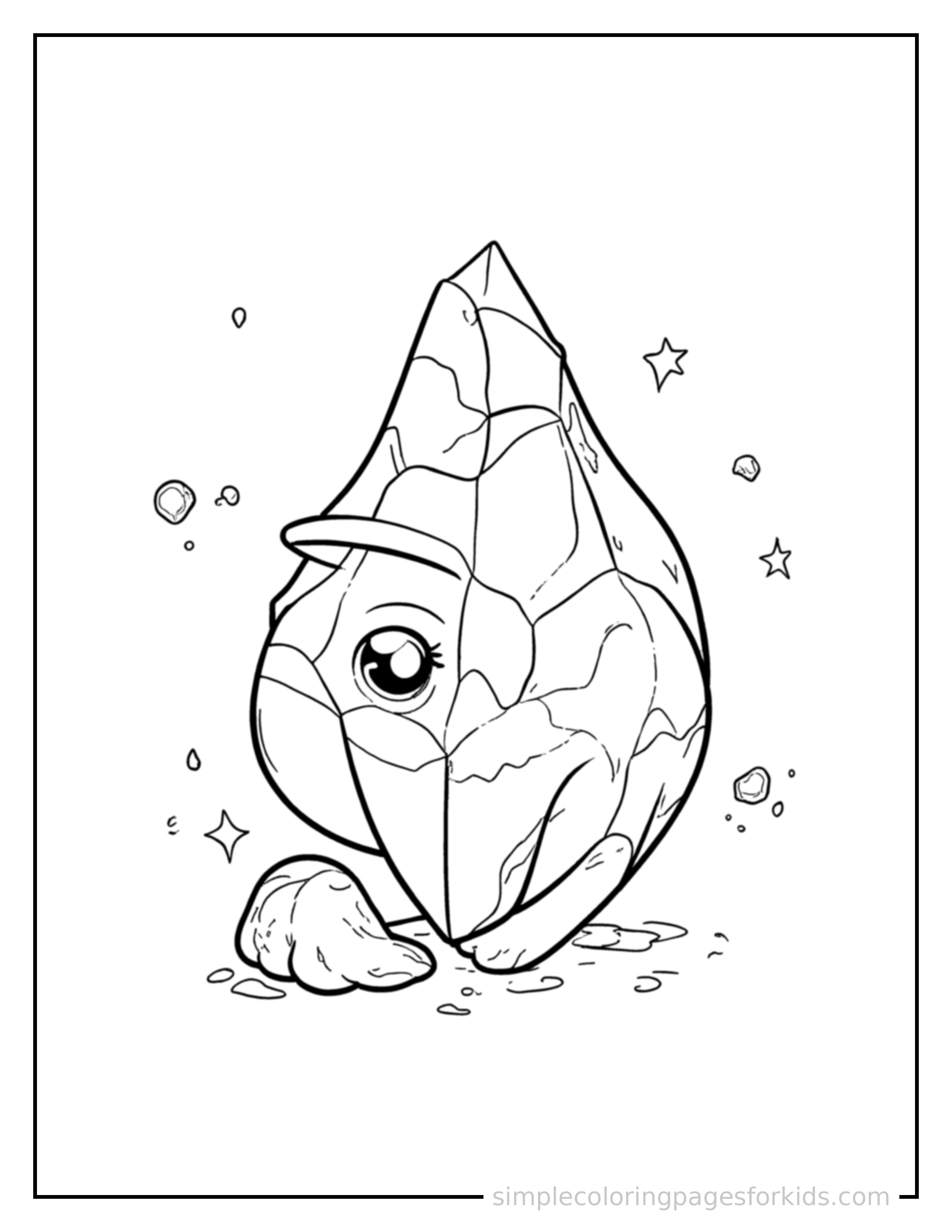 Free printable sparkling crystal gemstone coloring page featuring a cute sparkling crystal gemstone, shown from a slightly different angle with small decorative sparkle marks nearby.