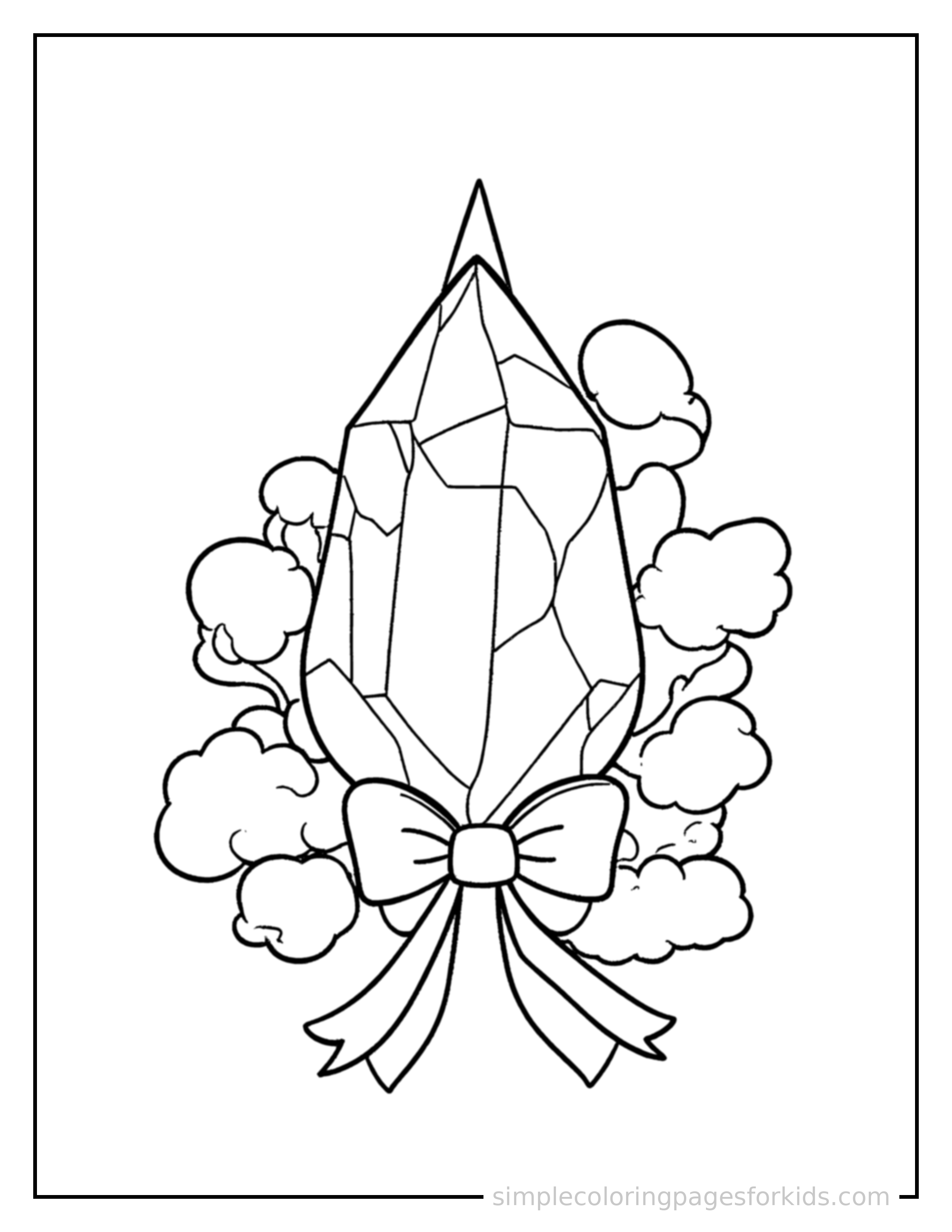 Free printable sparkling crystal gemstone coloring page featuring a cute sparkling crystal gemstone, decorated with a simple bow or ribbon for a festive touch.