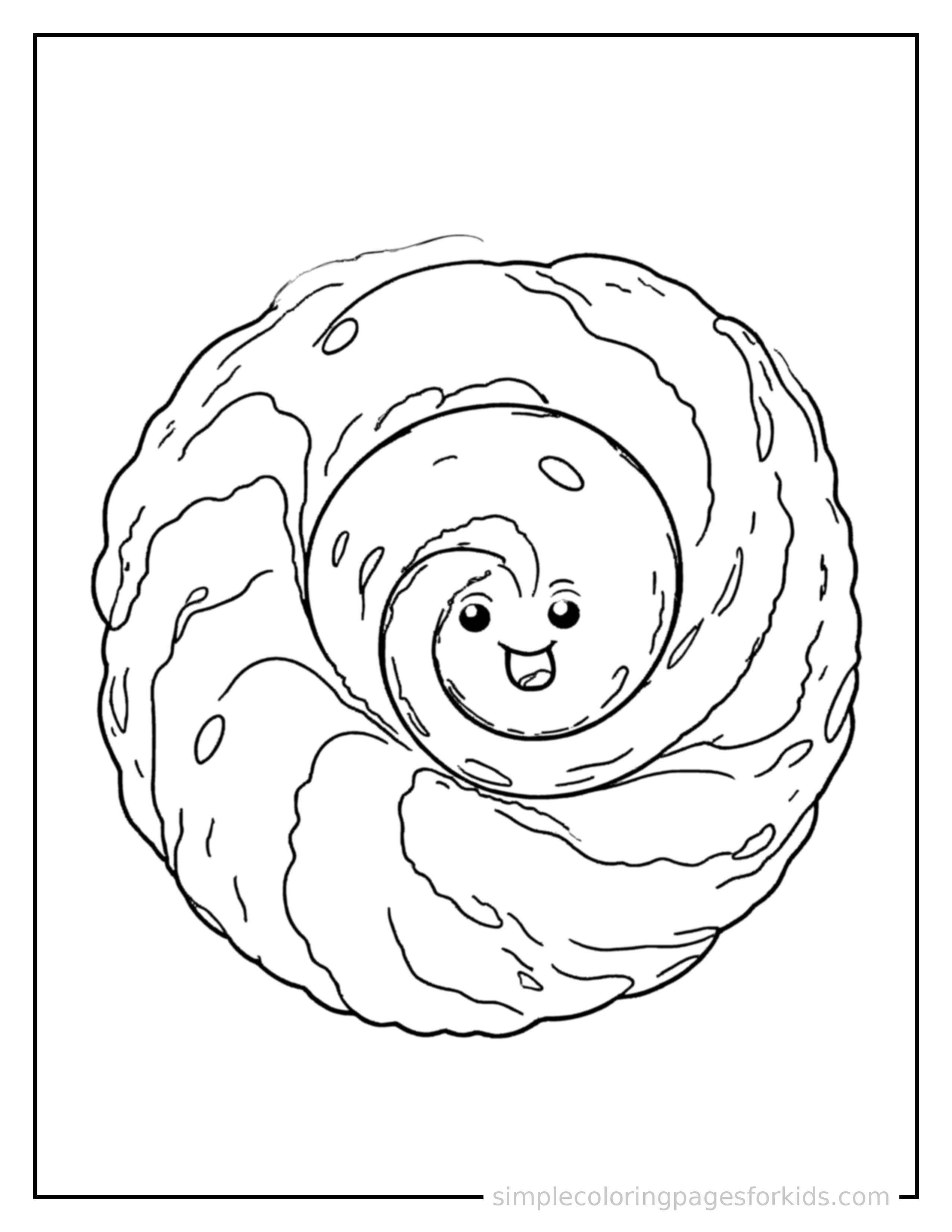 Free printable spiral seashell coloring page featuring a cute spiral seashell, shown as a simple central illustration with a cute smiling face.