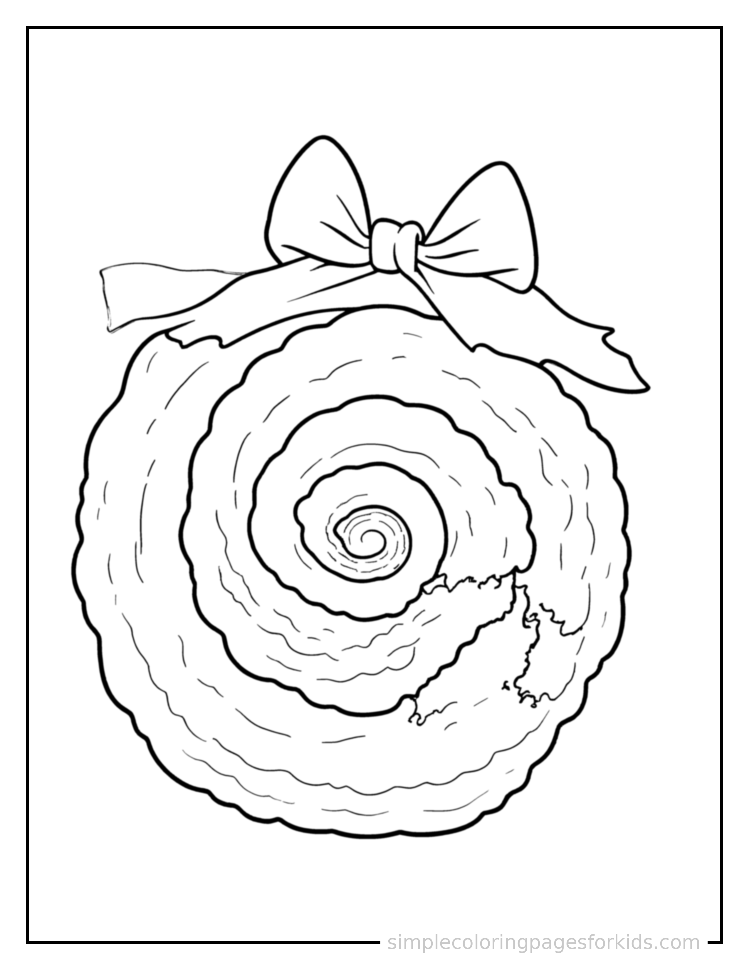 Free printable spiral seashell coloring page featuring a cute spiral seashell, decorated with a simple bow or ribbon for a festive touch.