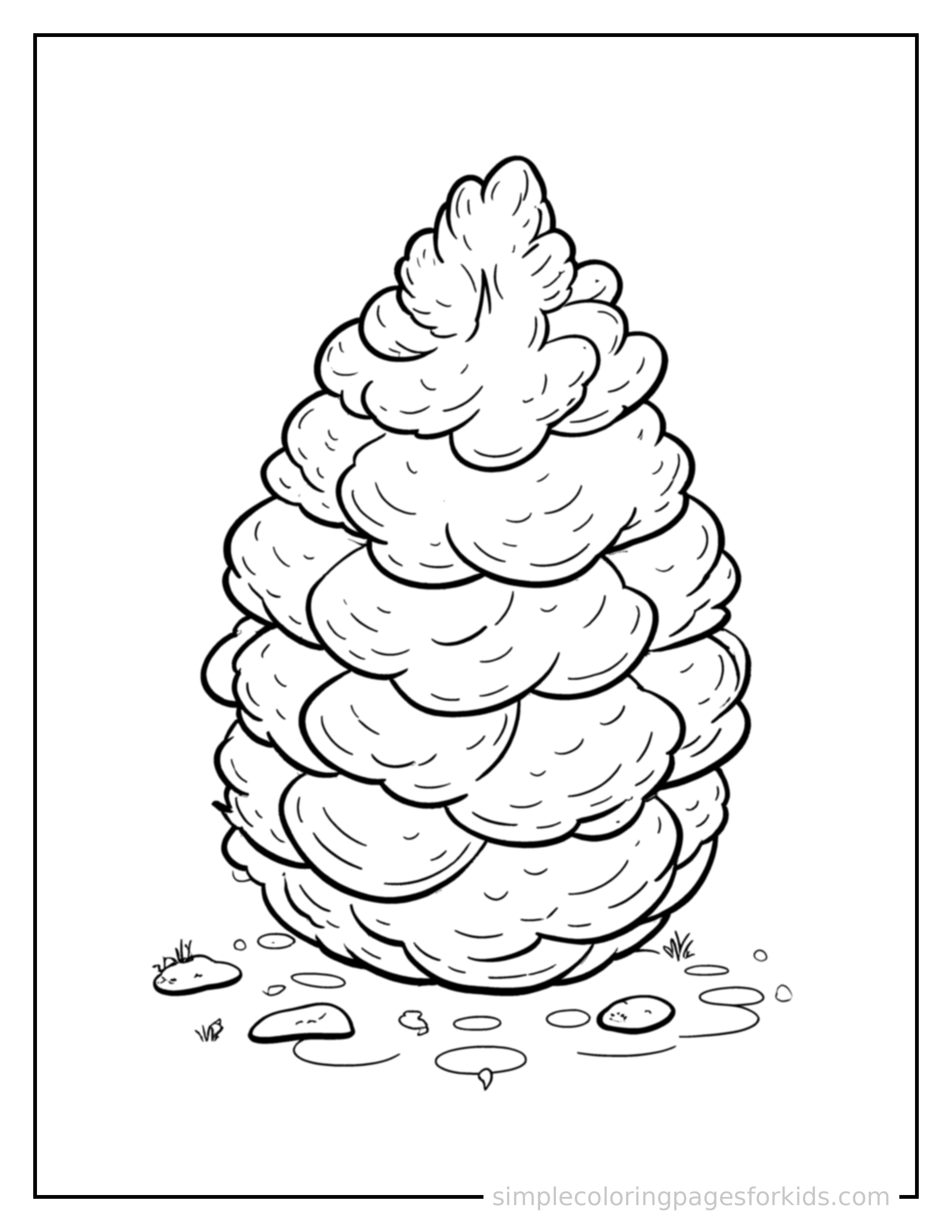 Free printable pinecone coloring page featuring a cute pinecone, shown from a slightly different angle with small decorative sparkle marks nearby.