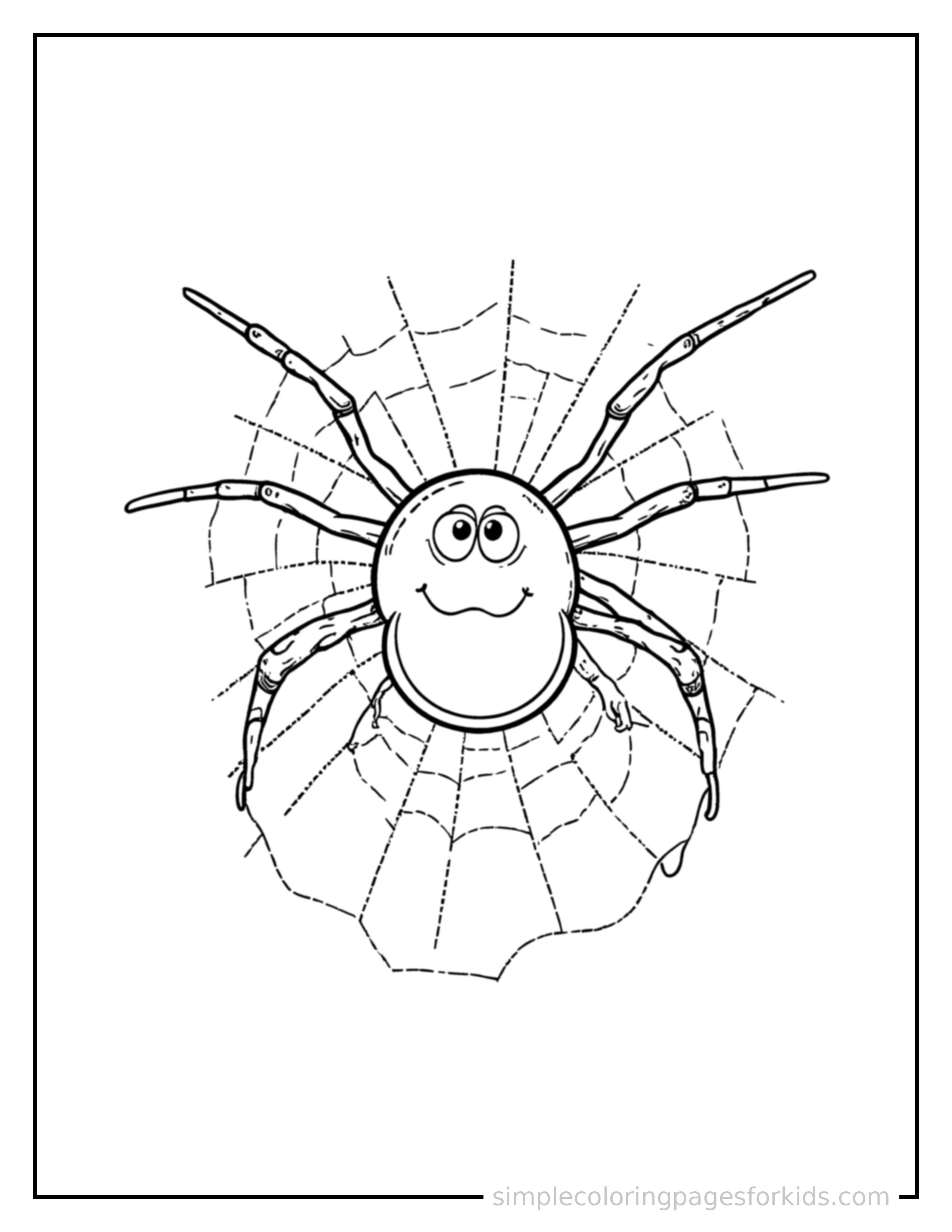 Free printable spider web with dew drops coloring page featuring a cute spider web with dew drops, shown as a simple central illustration with a cute smiling face.