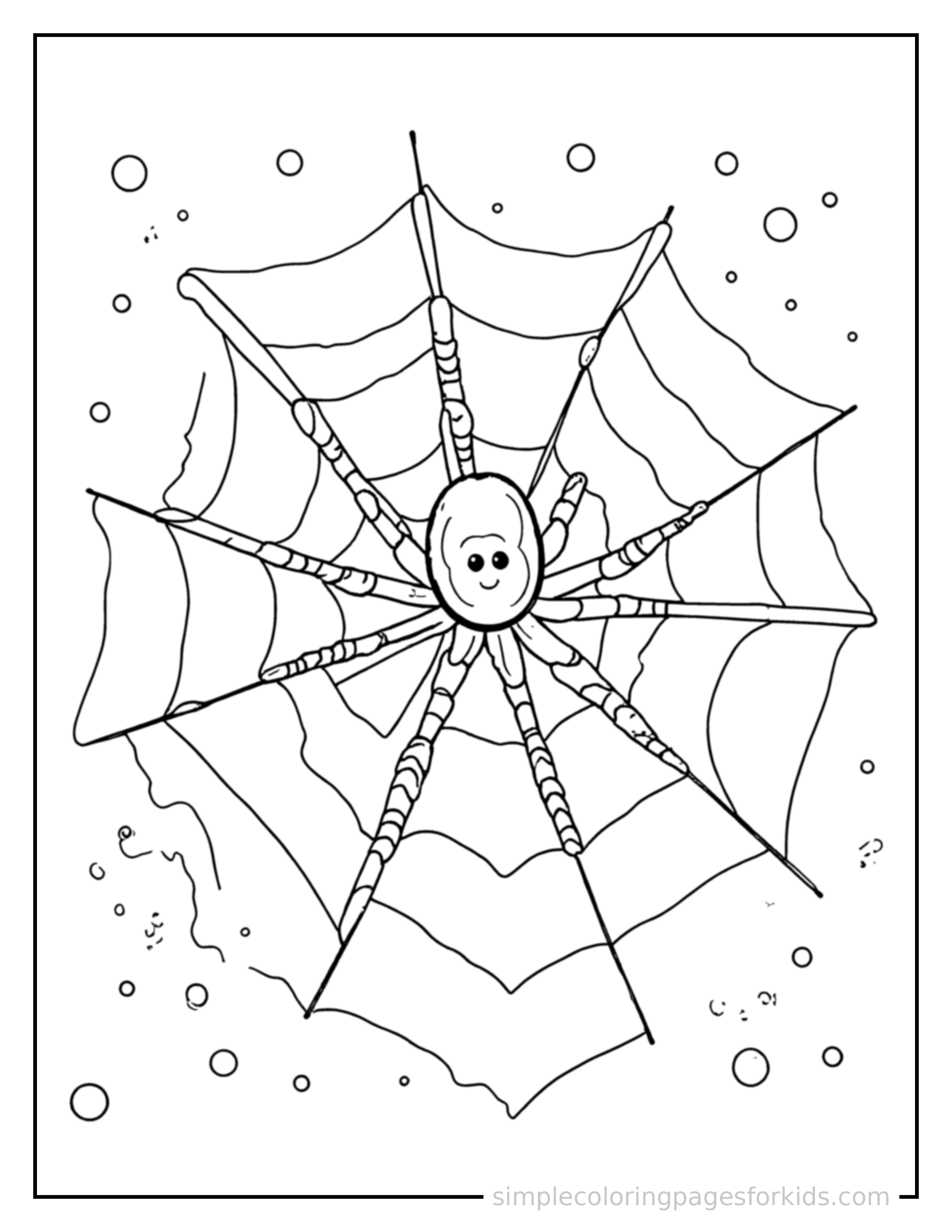 Free printable spider web with dew drops coloring page featuring a cute spider web with dew drops, shown from a slightly different angle with small decorative sparkle marks nearby.