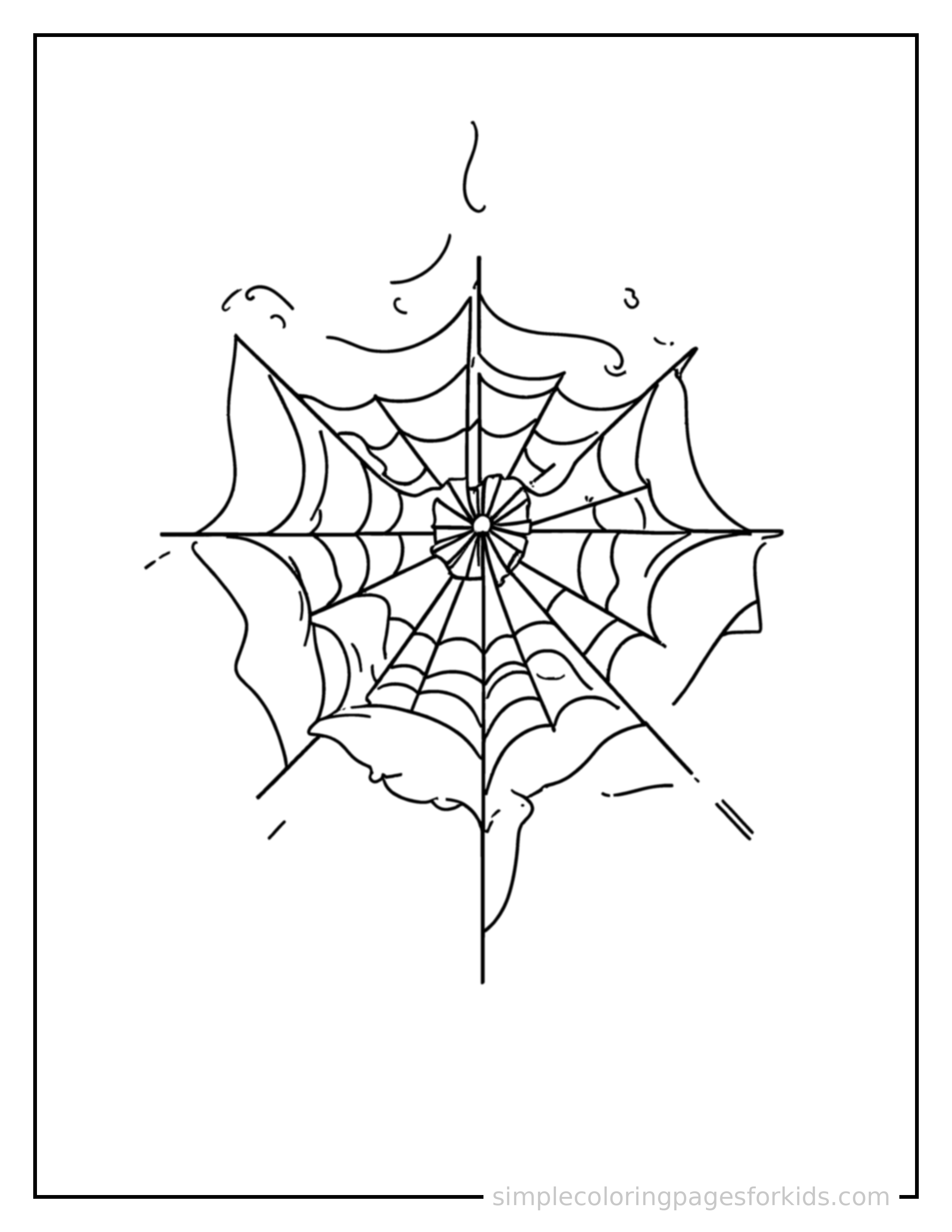 Free printable spider web with dew drops coloring page featuring a cute spider web with dew drops, decorated with a simple bow or ribbon for a festive touch.
