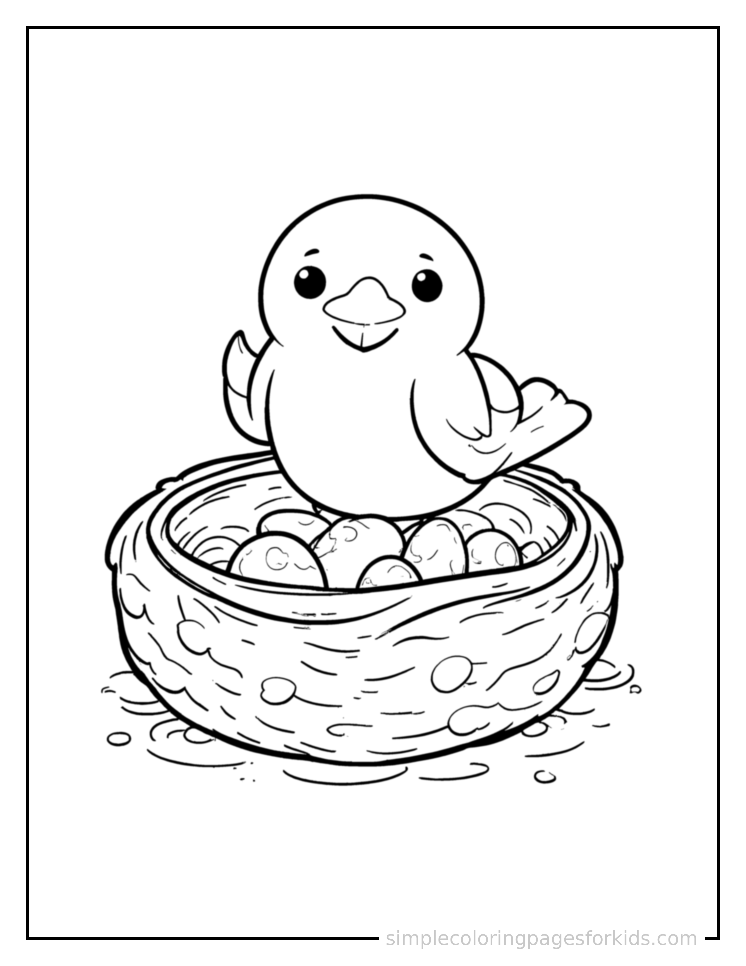 Free printable bird's nest with eggs coloring page featuring a cute bird's nest with eggs, shown as a simple central illustration with a cute smiling face.