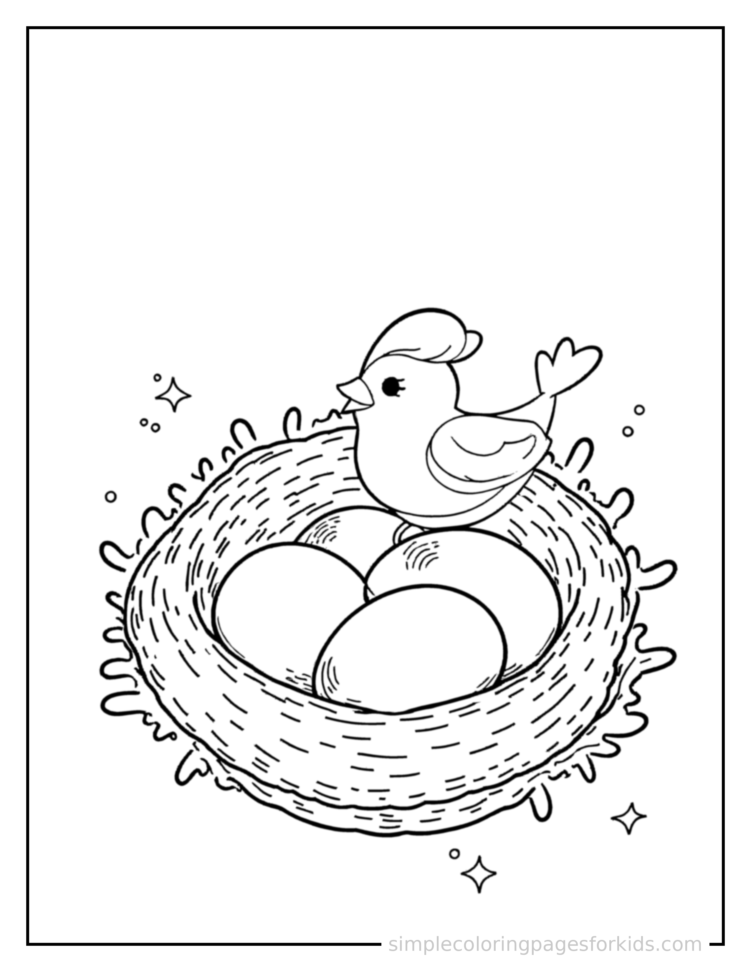 Free printable bird's nest with eggs coloring page featuring a cute bird's nest with eggs, shown from a slightly different angle with small decorative sparkle marks nearby.