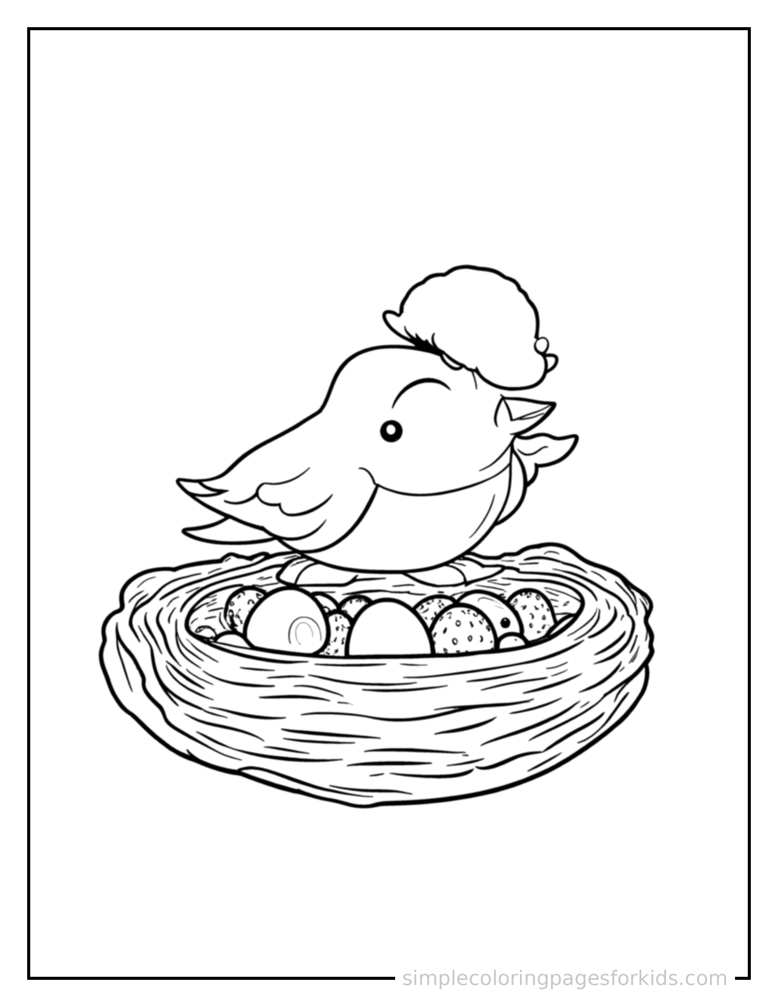 Free printable bird's nest with eggs coloring page featuring a cute bird's nest with eggs, shown with a smaller mini version of itself beside it.