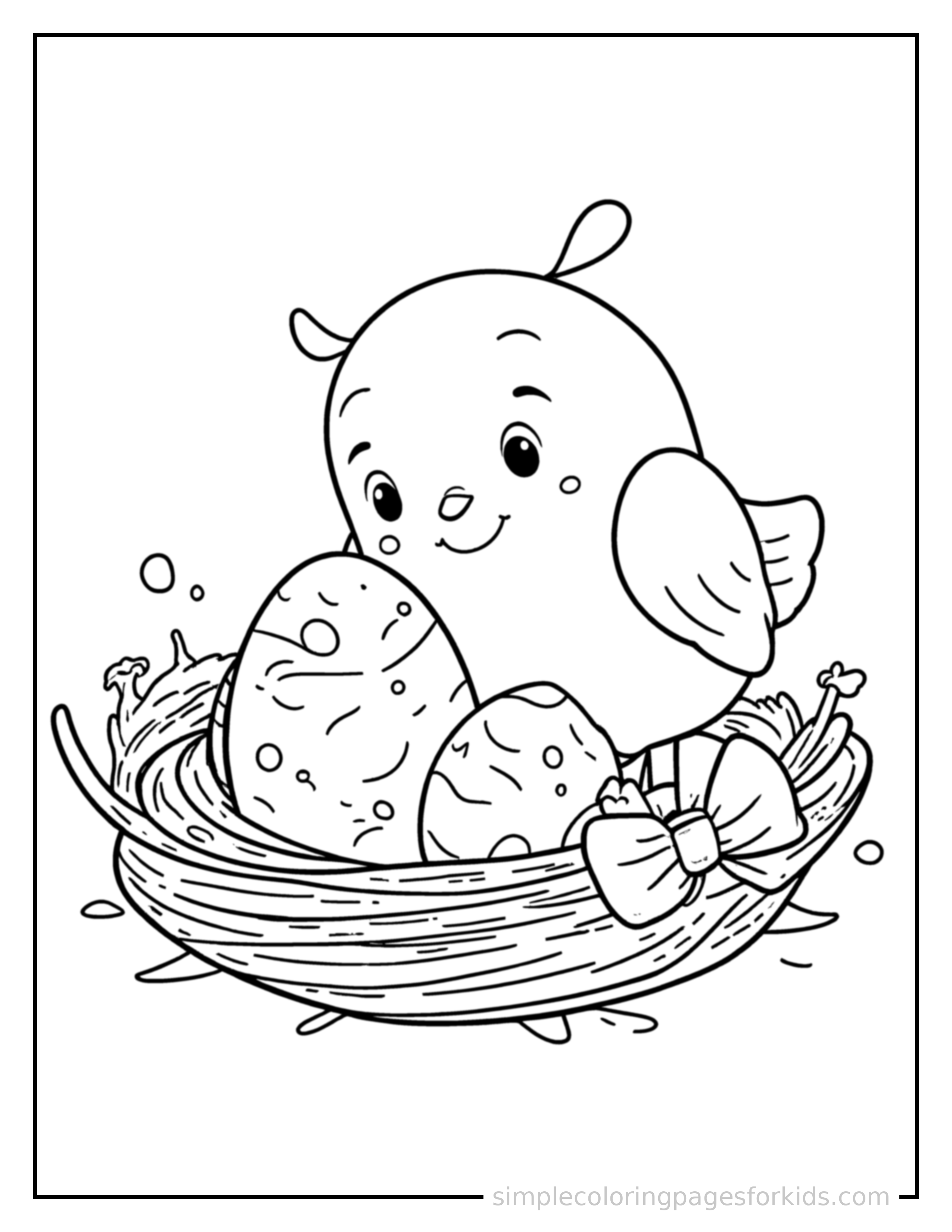 Free printable bird's nest with eggs coloring page featuring a cute bird's nest with eggs, decorated with a simple bow or ribbon for a festive touch.