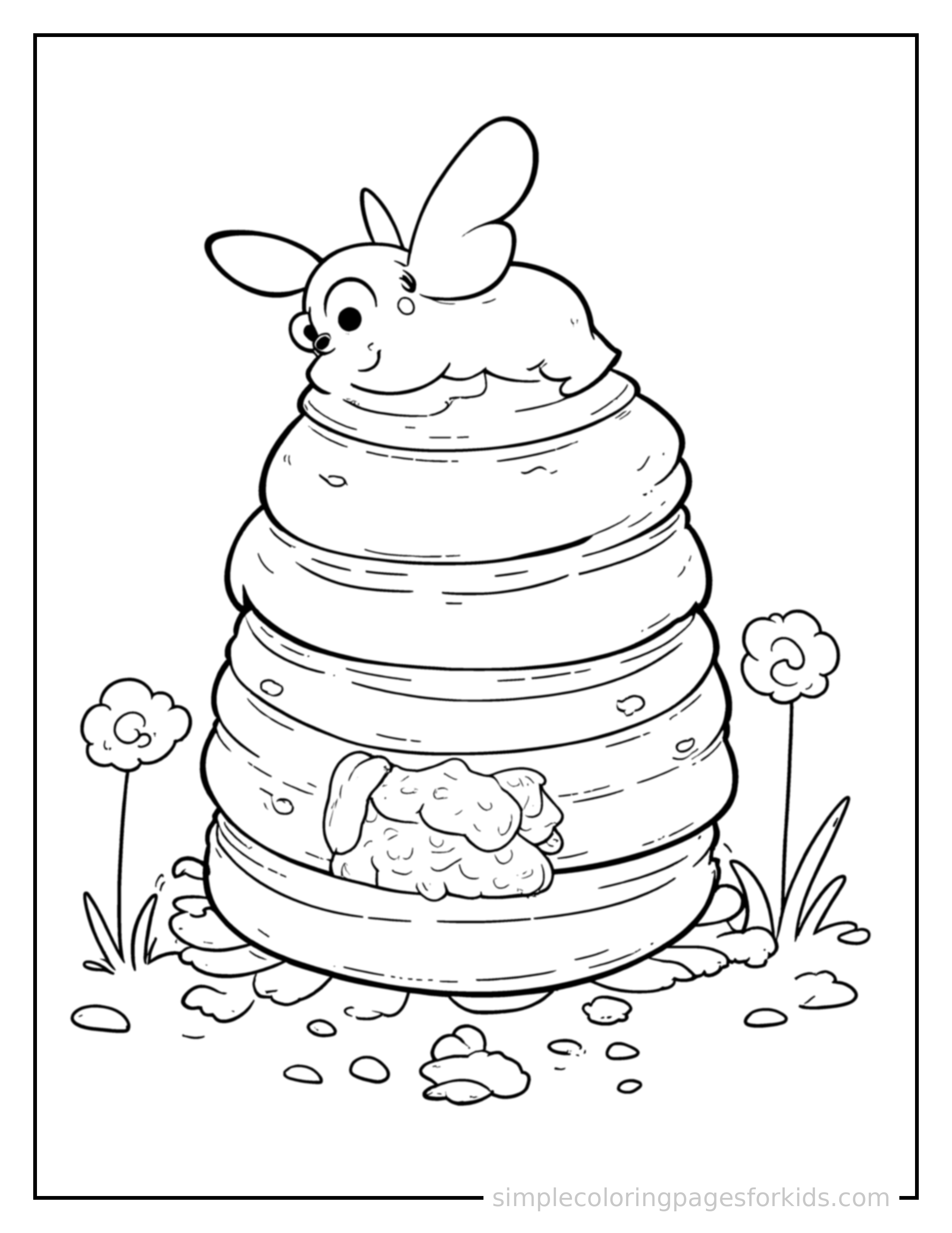 Free printable buzzing beehive coloring page featuring a cute buzzing beehive, shown as a simple central illustration with a cute smiling face.