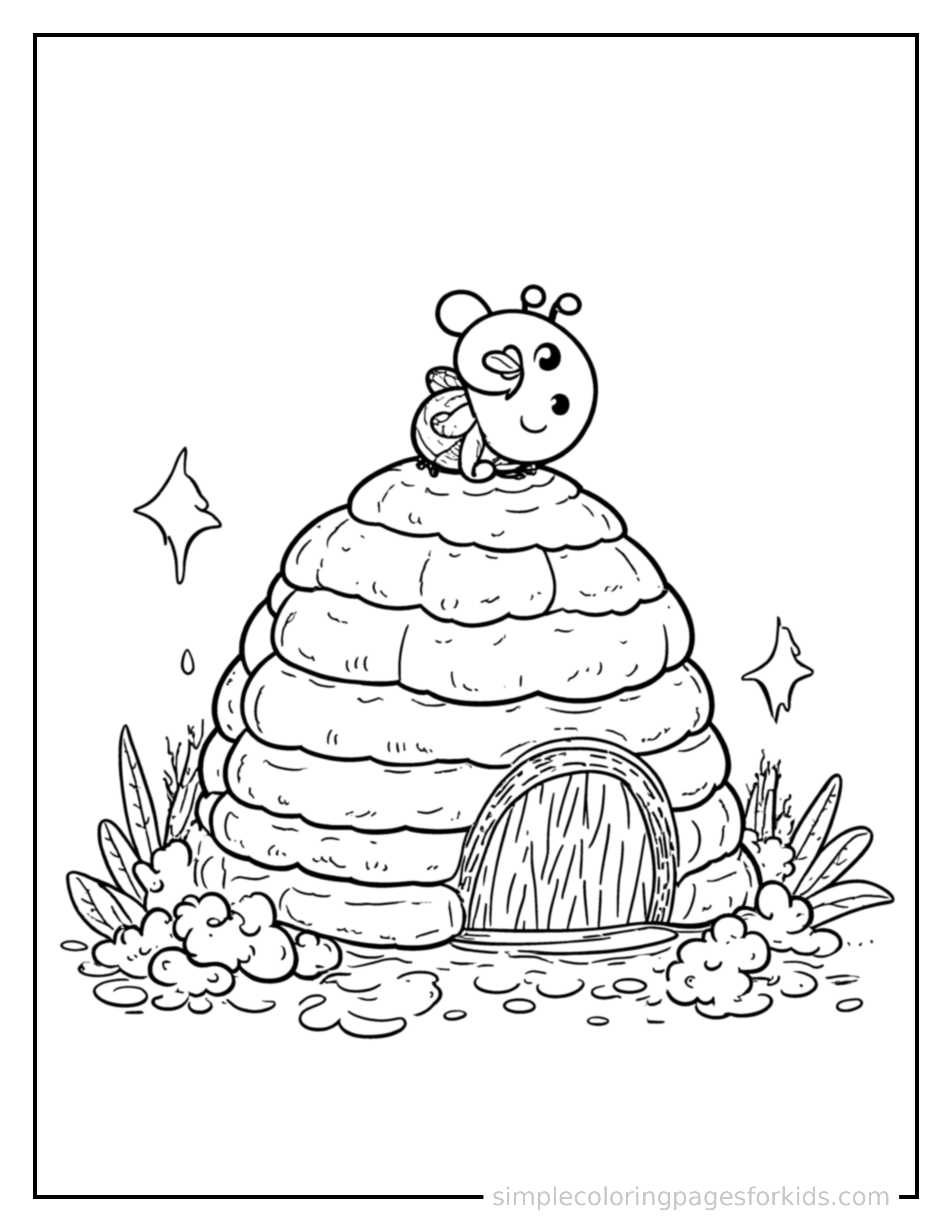 Free printable buzzing beehive coloring page featuring a cute buzzing beehive, shown from a slightly different angle with small decorative sparkle marks nearby.