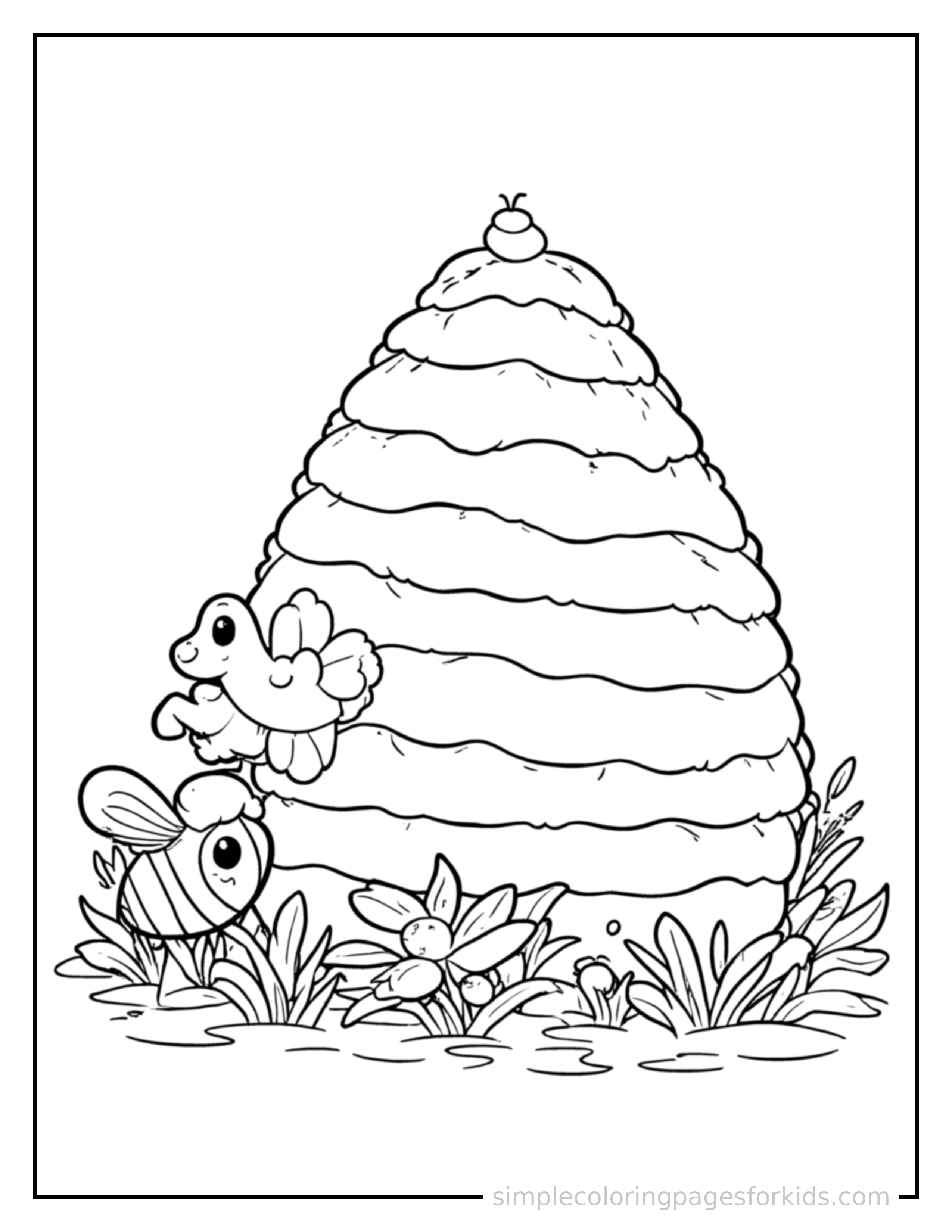 Free printable buzzing beehive coloring page featuring a cute buzzing beehive, shown with a smaller mini version of itself beside it.