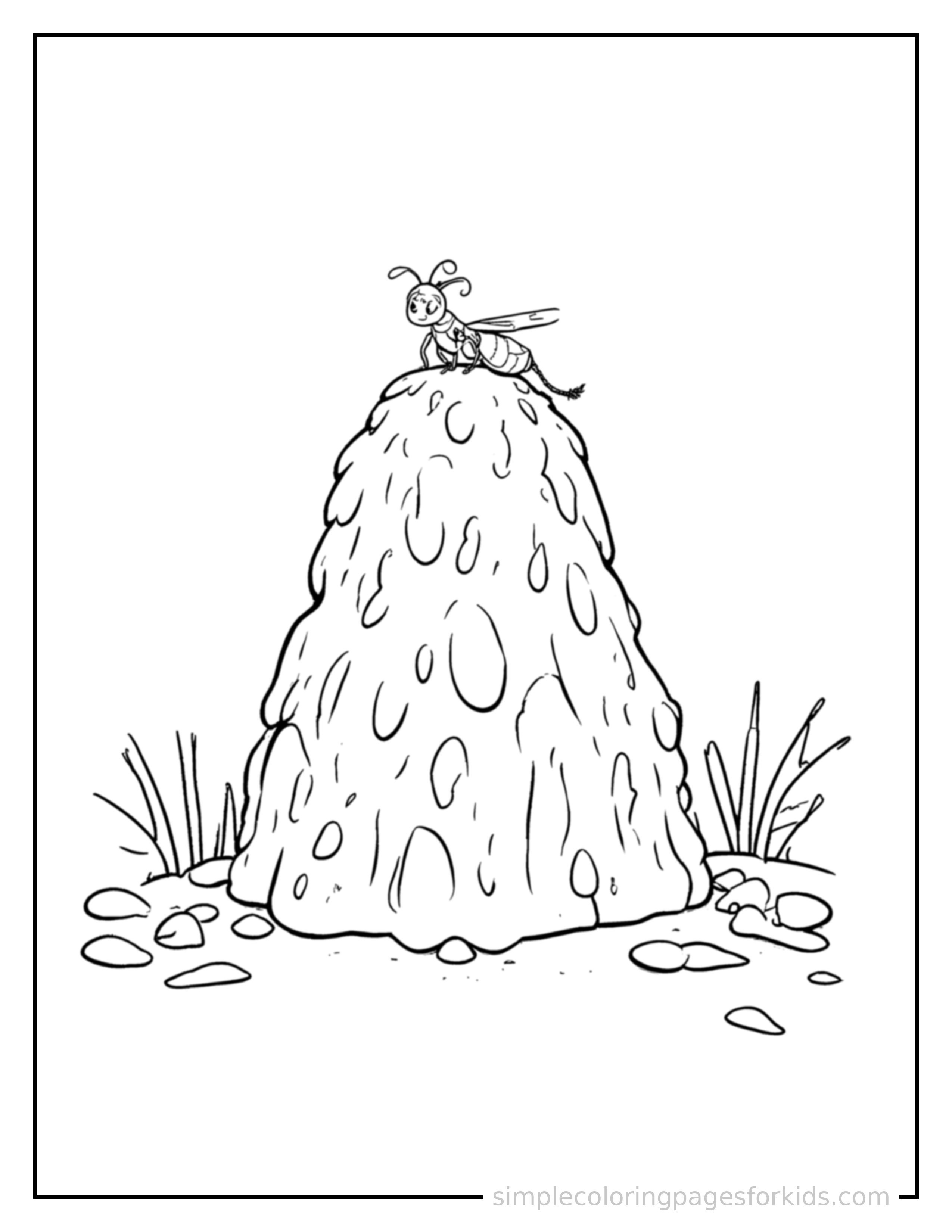 Free printable busy anthill coloring page featuring a cute busy anthill, shown from a slightly different angle with small decorative sparkle marks nearby.