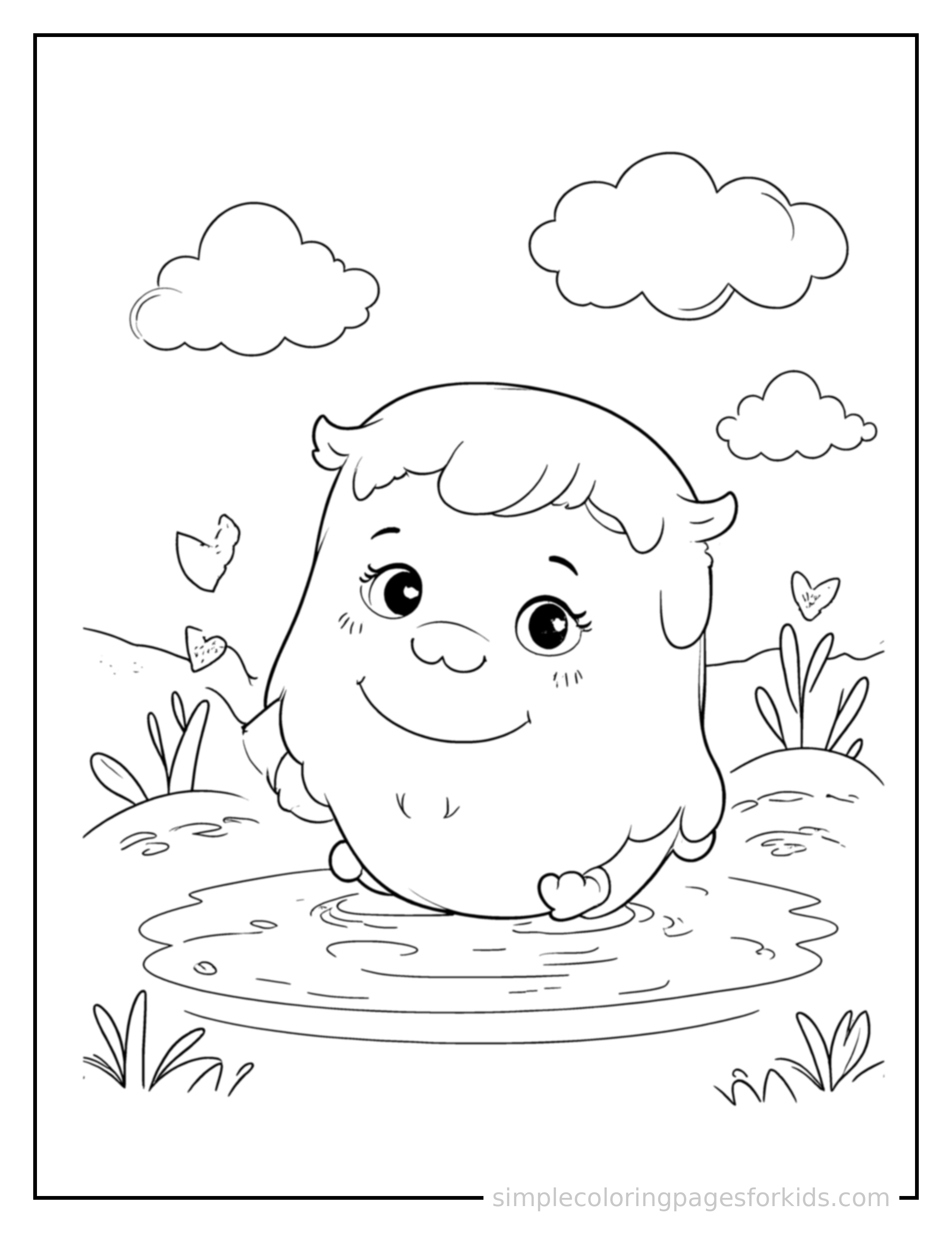 Free printable puddle reflecting the sky coloring page featuring a cute puddle reflecting the sky, shown as a simple central illustration with a cute smiling face.