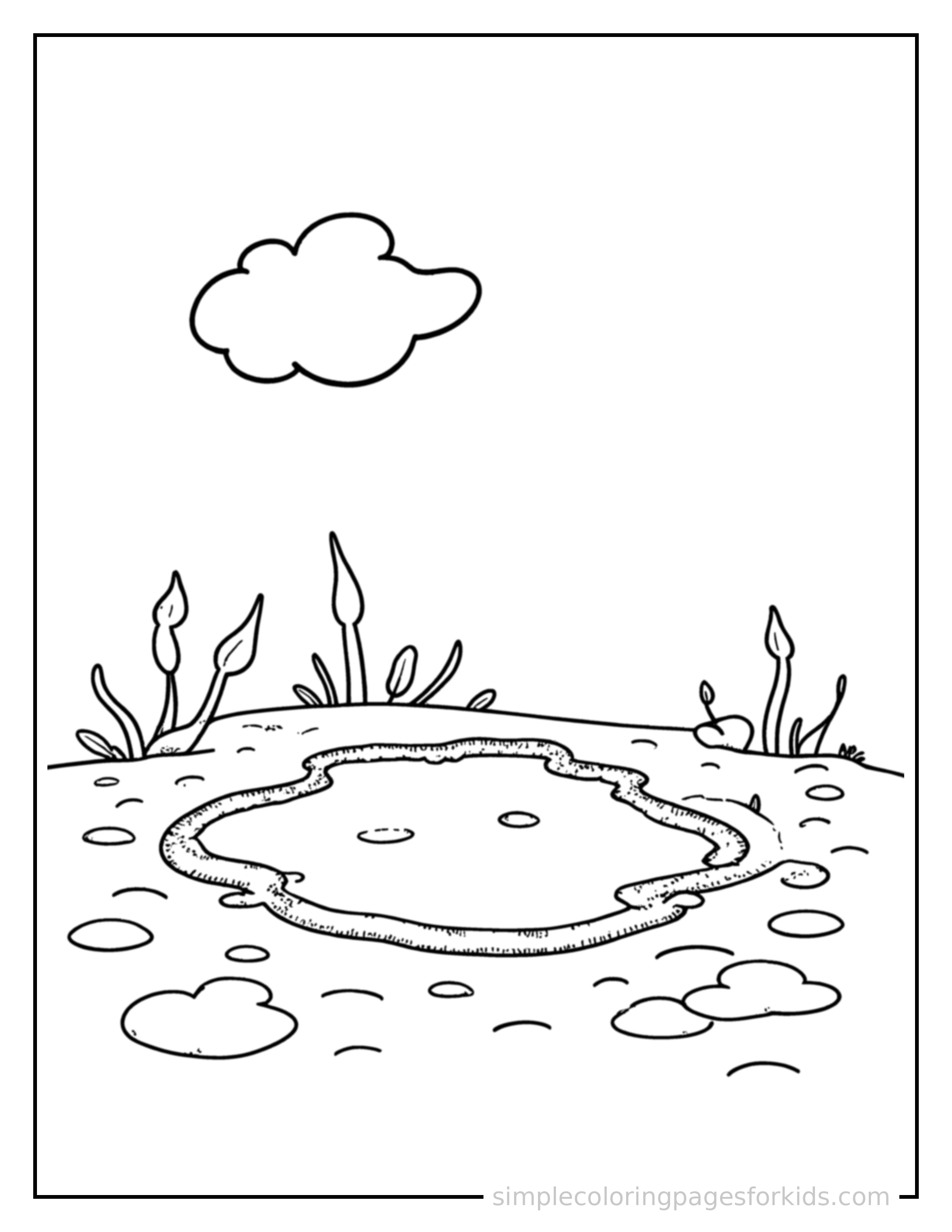 Free printable puddle reflecting the sky coloring page featuring a cute puddle reflecting the sky, shown from a slightly different angle with small decorative sparkle marks nearby.
