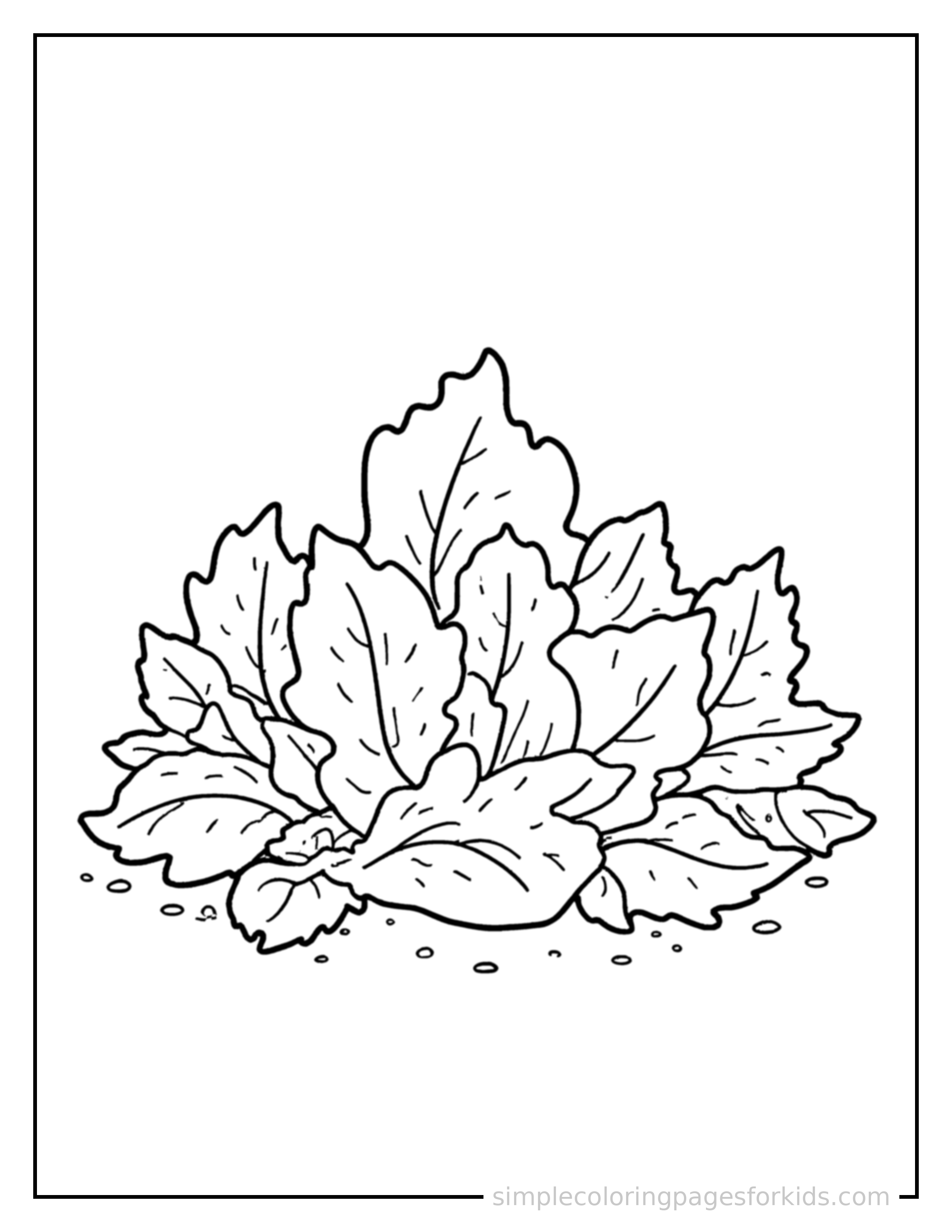 Free printable pile of autumn leaves coloring page featuring a cute pile of autumn leaves, shown from a slightly different angle with small decorative sparkle marks nearby.