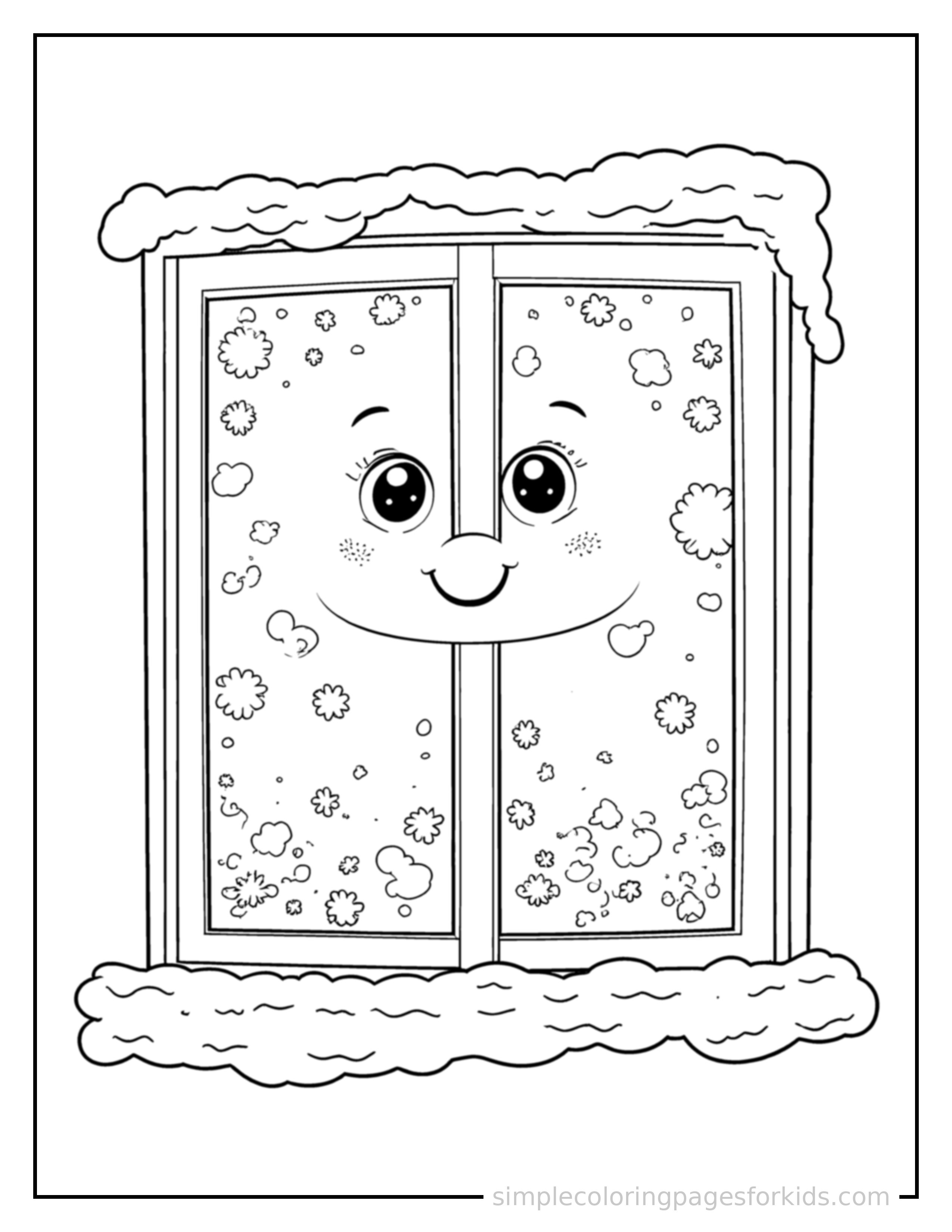 Free printable frost patterns on a window coloring page featuring a cute frost patterns on a window, shown as a simple central illustration with a cute smiling face.