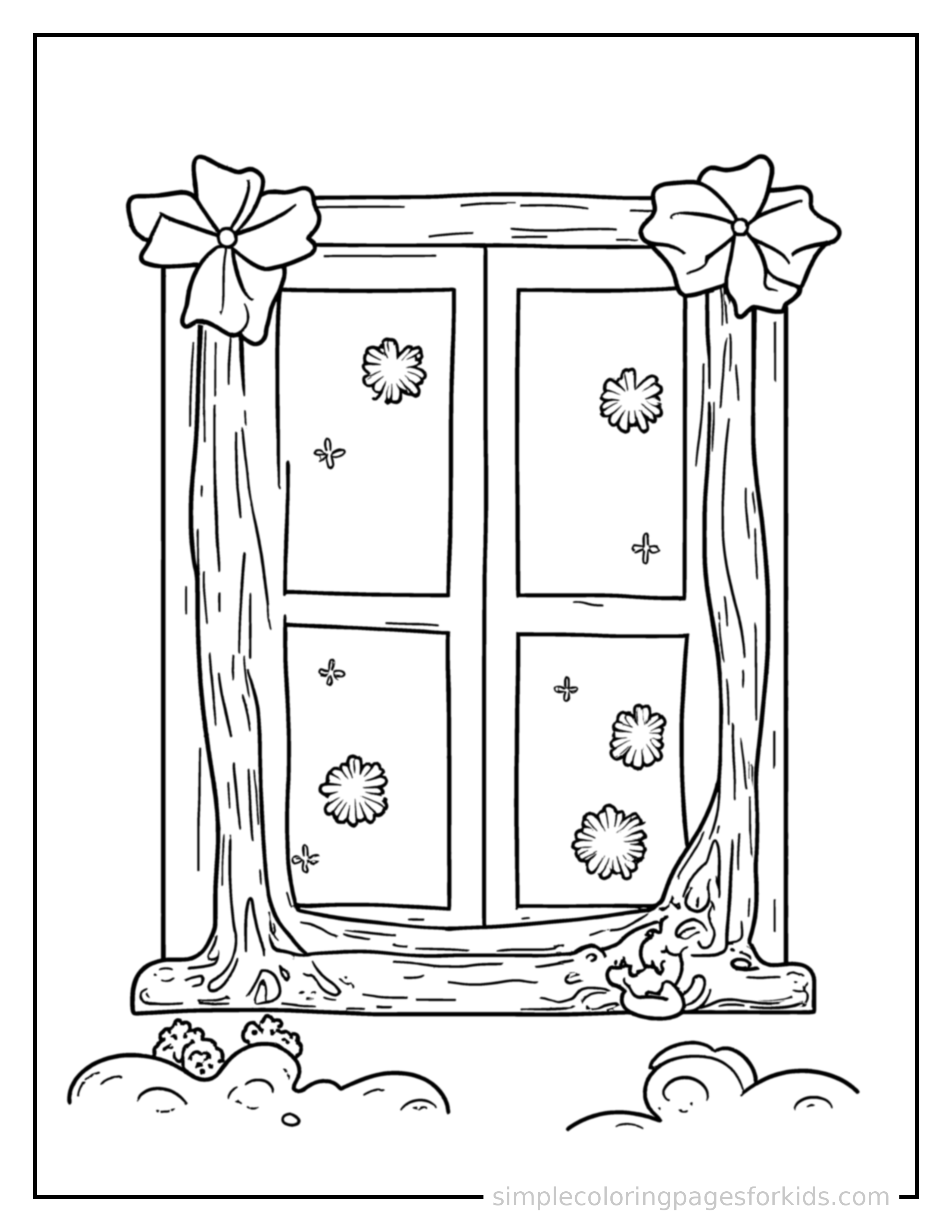 Free printable frost patterns on a window coloring page featuring a cute frost patterns on a window, shown from a slightly different angle with small decorative sparkle marks nearby.