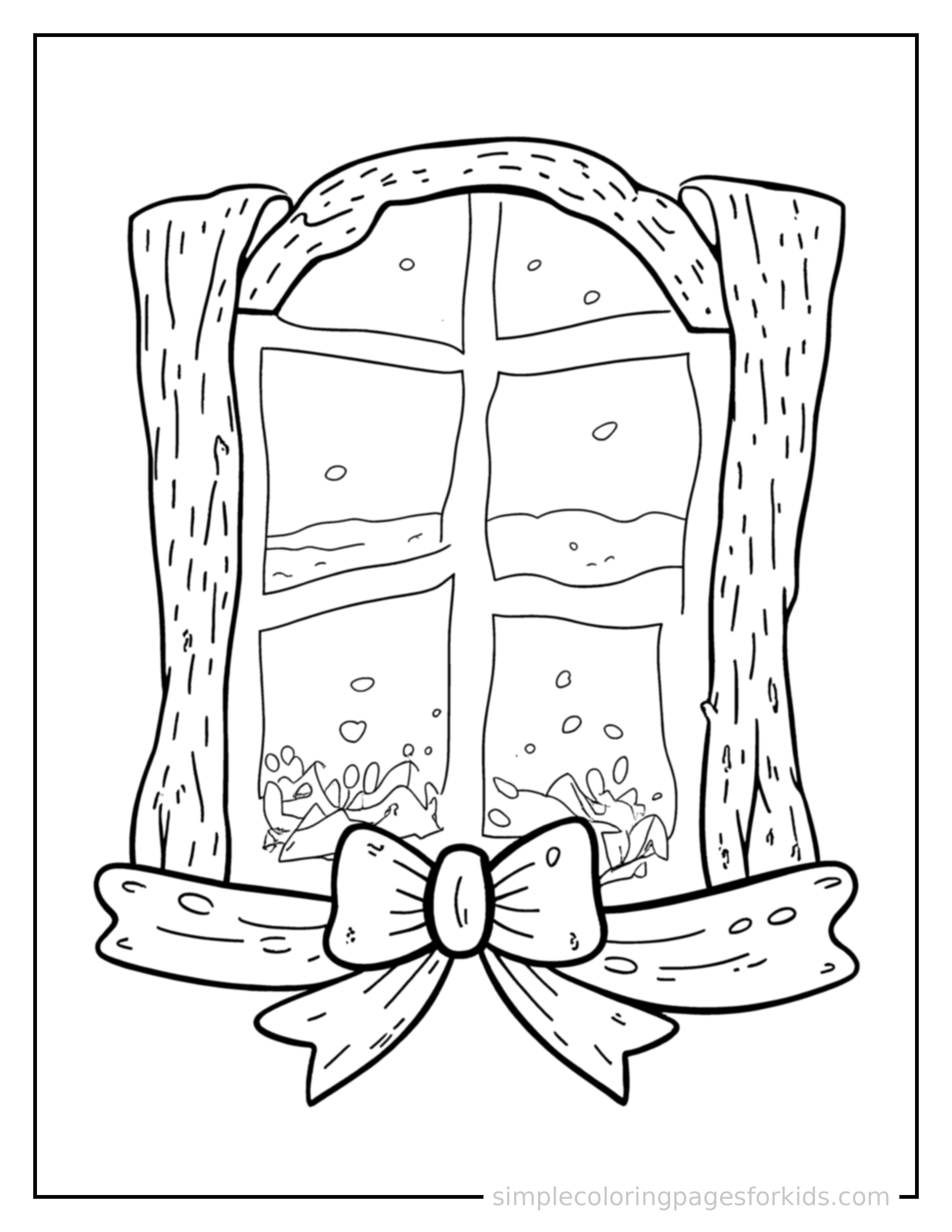 Free printable frost patterns on a window coloring page featuring a cute frost patterns on a window, decorated with a simple bow or ribbon for a festive touch.
