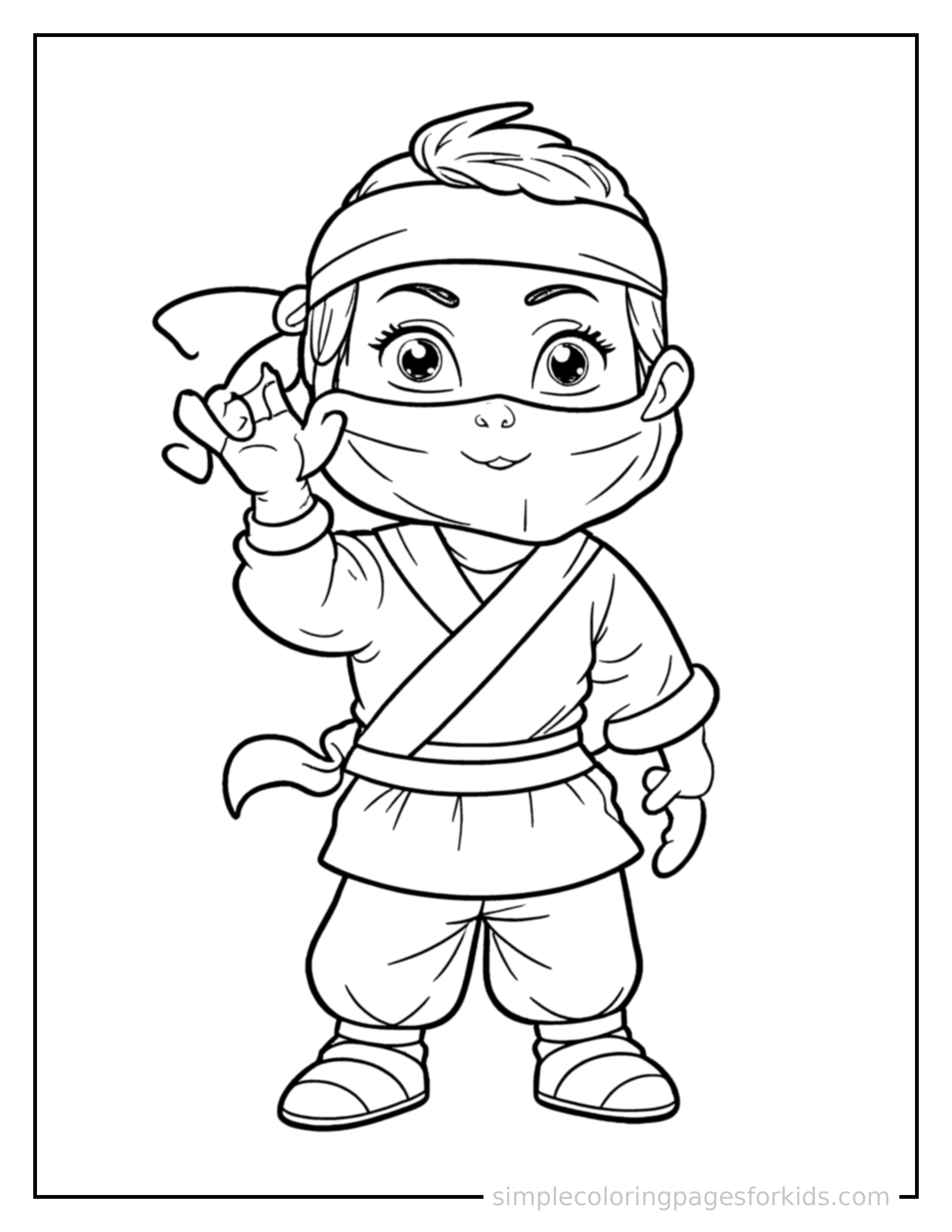Free printable ninja kid coloring page featuring a cute kid ninja wearing a mask and headband standing tall with a big cheerful grin, one hand raised in a wave, head tilted slightly.