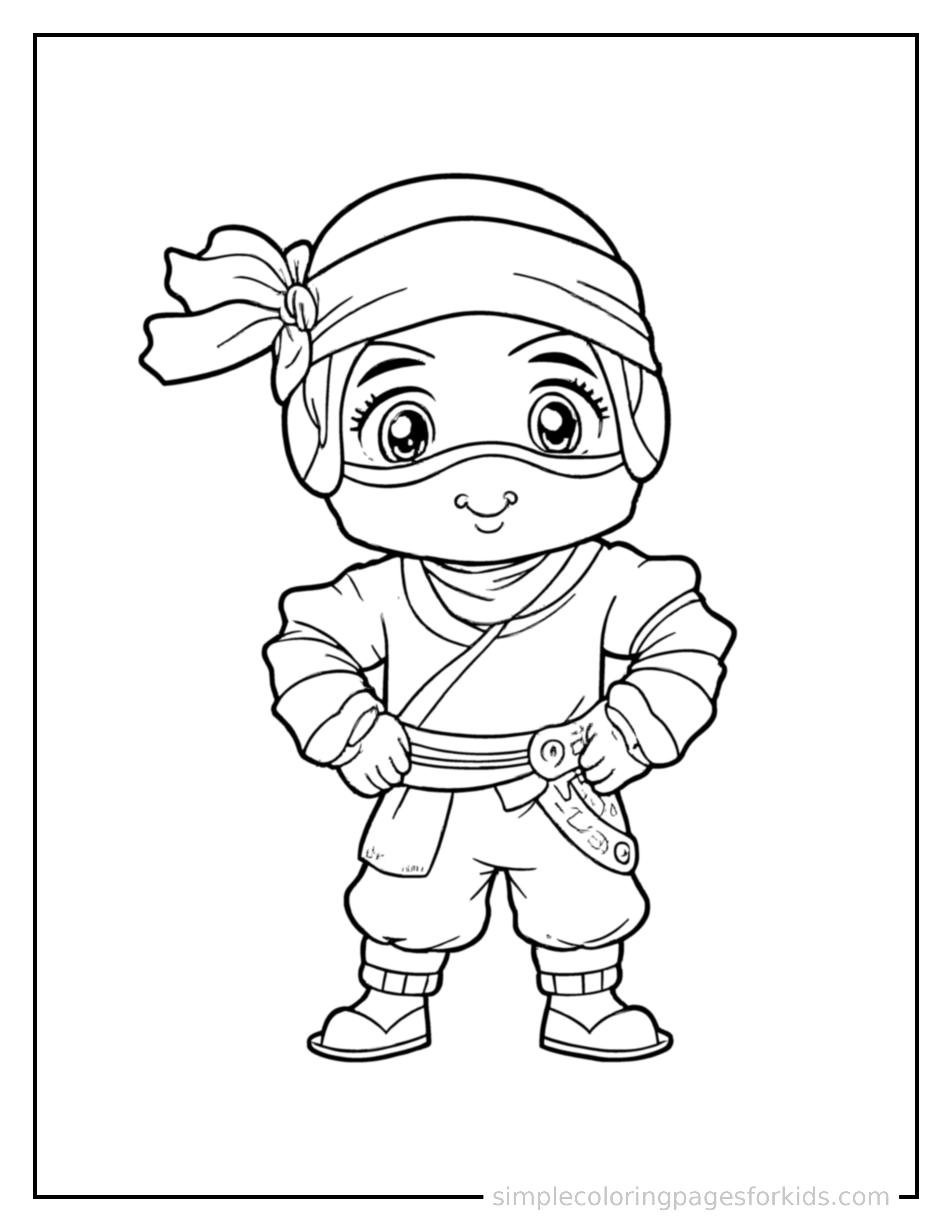 Free printable ninja kid coloring page featuring a cute kid ninja wearing a mask and headband standing proudly with hands on hips, chest out, big sparkling happy eyes and open smile.