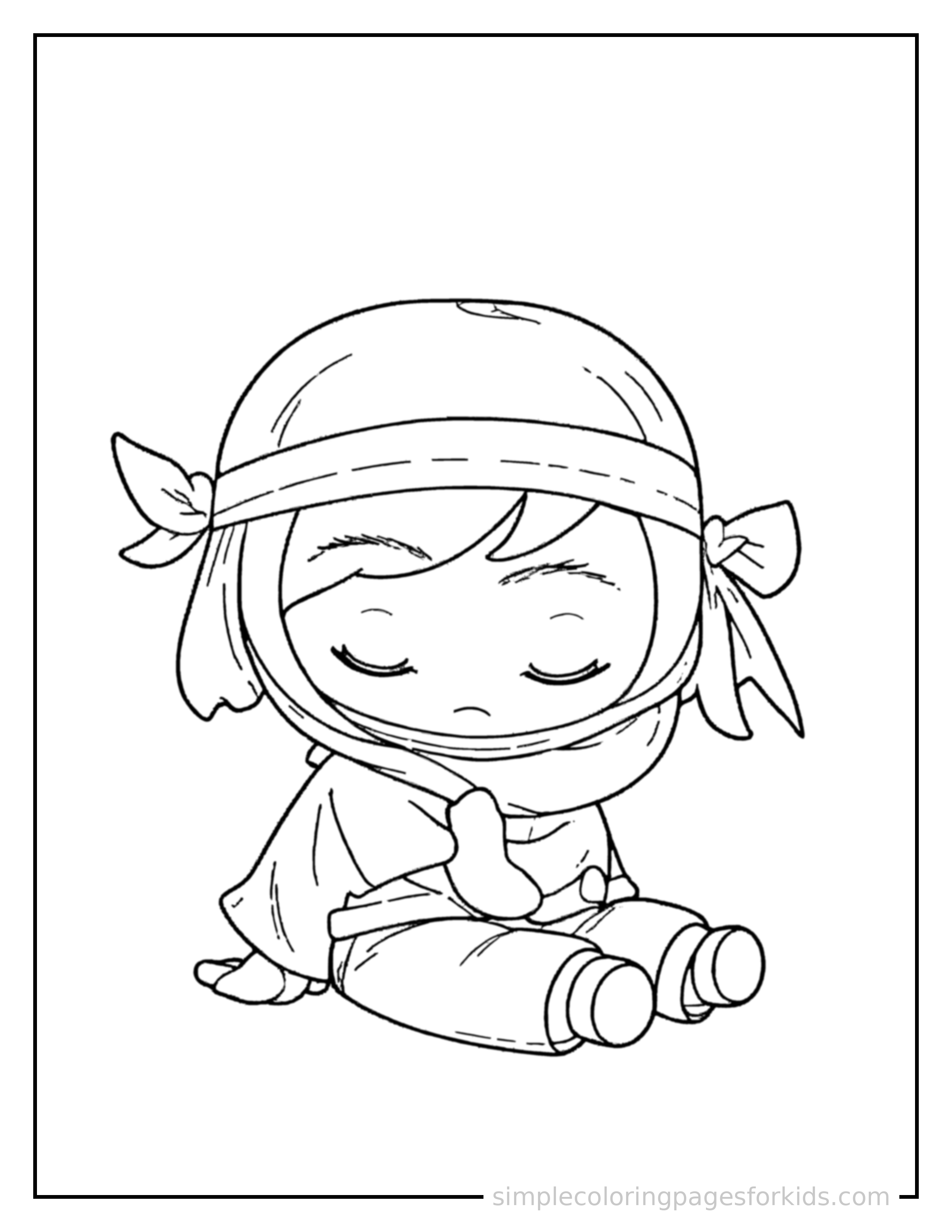 Free printable ninja kid coloring page featuring a cute kid ninja wearing a mask and headband curled up fast asleep, peaceful smile, one eye scrunched shut, hands tucked under the chin.