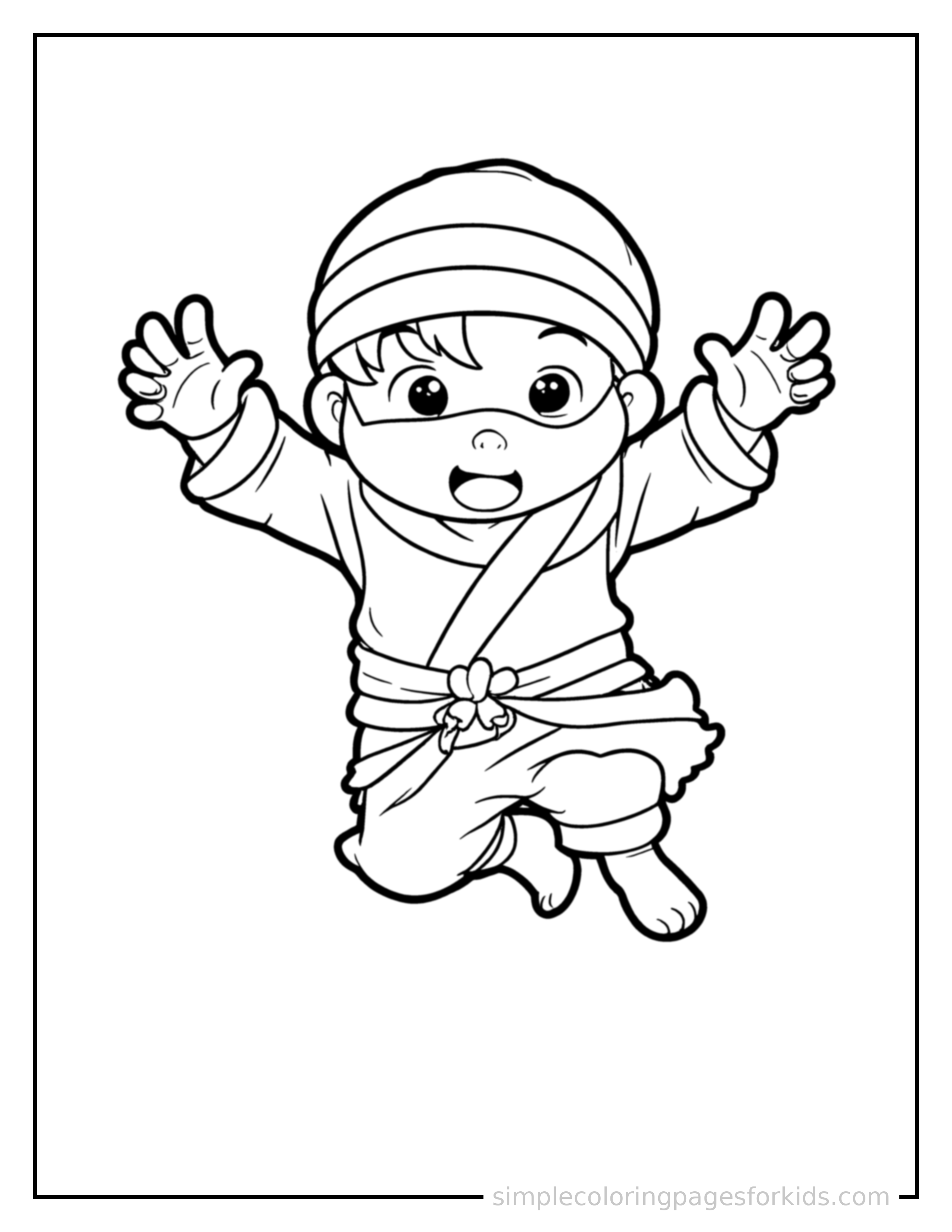 Free printable ninja kid coloring page featuring a cute kid ninja wearing a mask and headband mid-jump with arms and legs stretched out playfully, mouth open with excitement.
