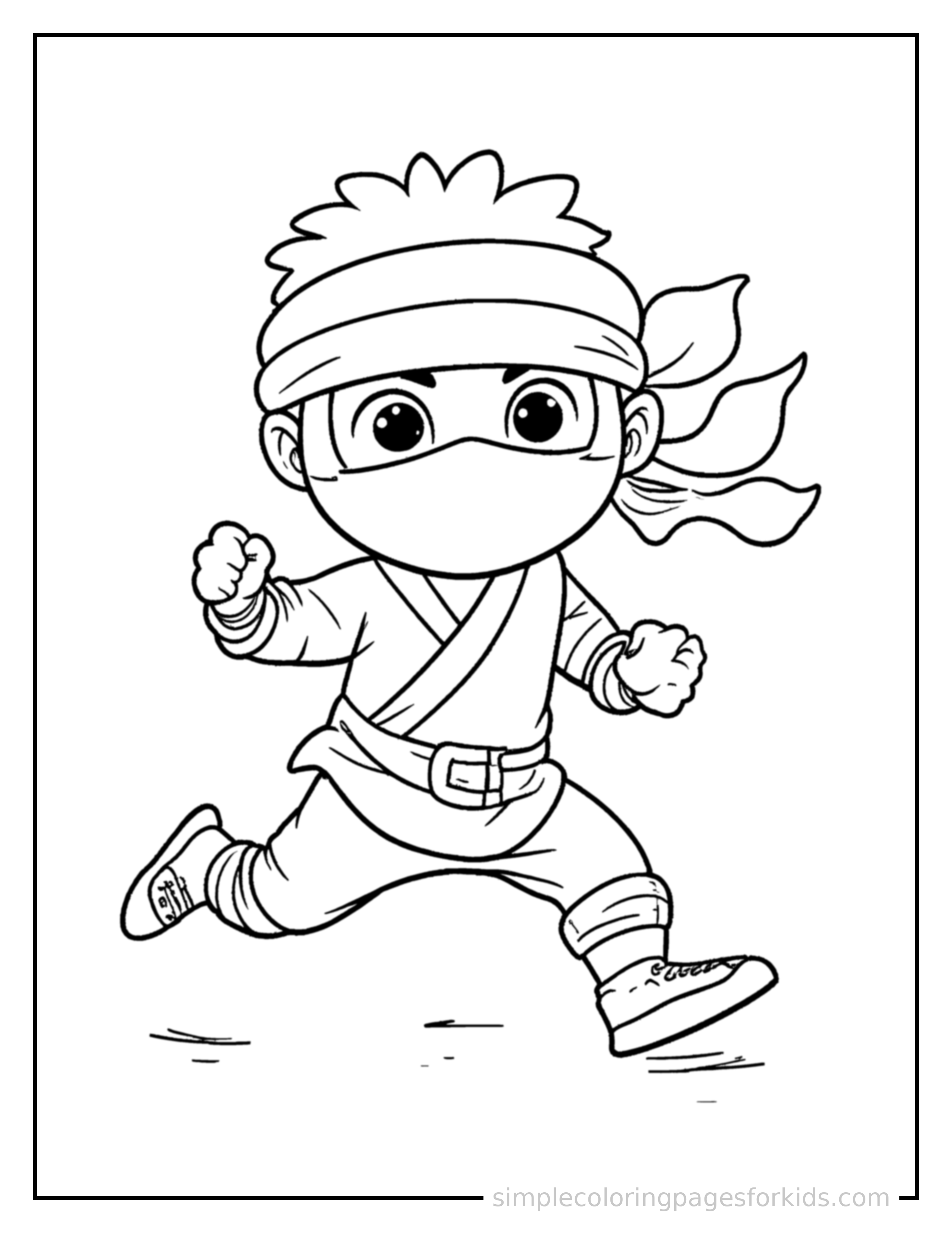 Free printable ninja kid coloring page featuring a cute kid ninja wearing a mask and headband running forward at full speed, arms pumping, big happy grin.