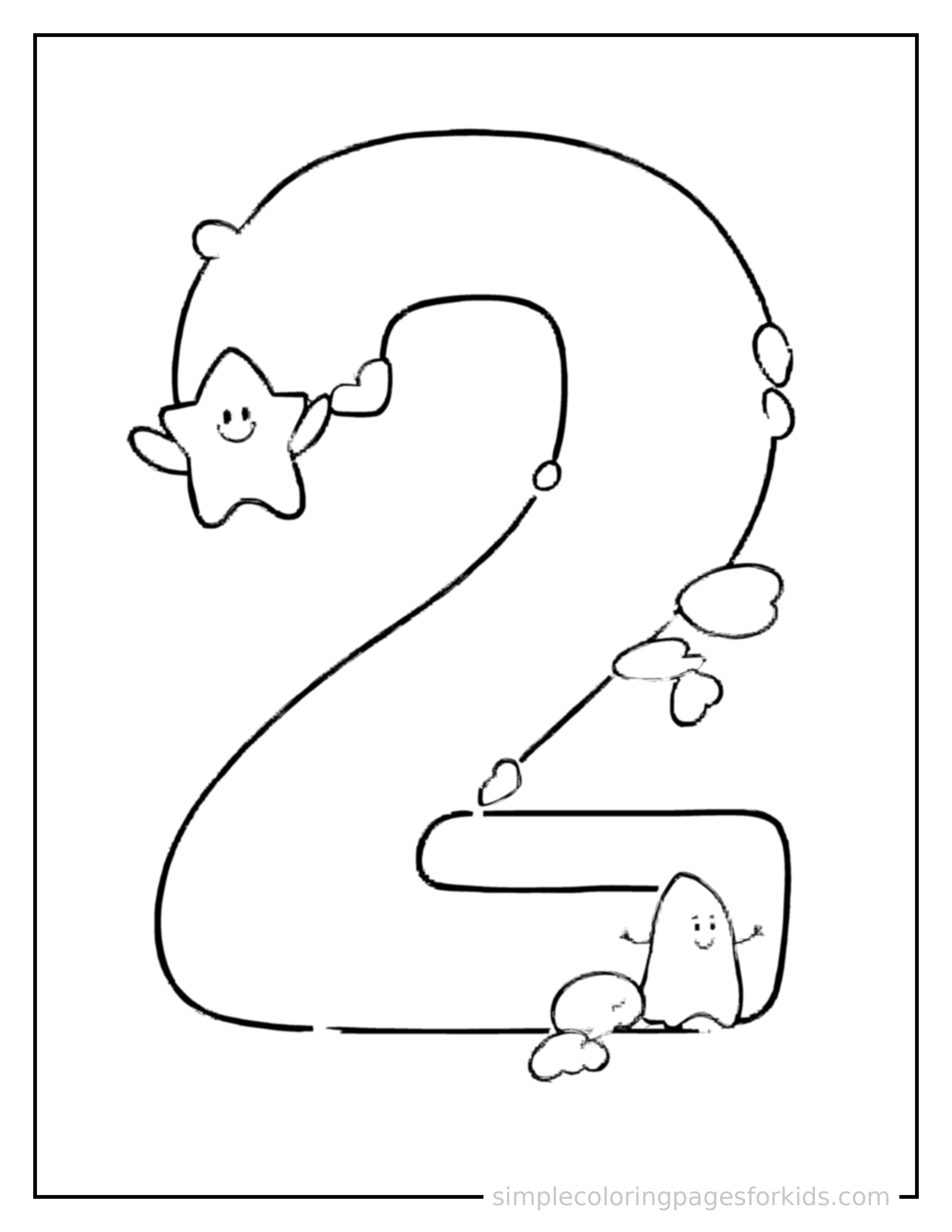 Free printable numbers coloring page featuring a giant bold number 2, very large and clearly readable, filling most of the page, with two small cute stars arranged beside it.