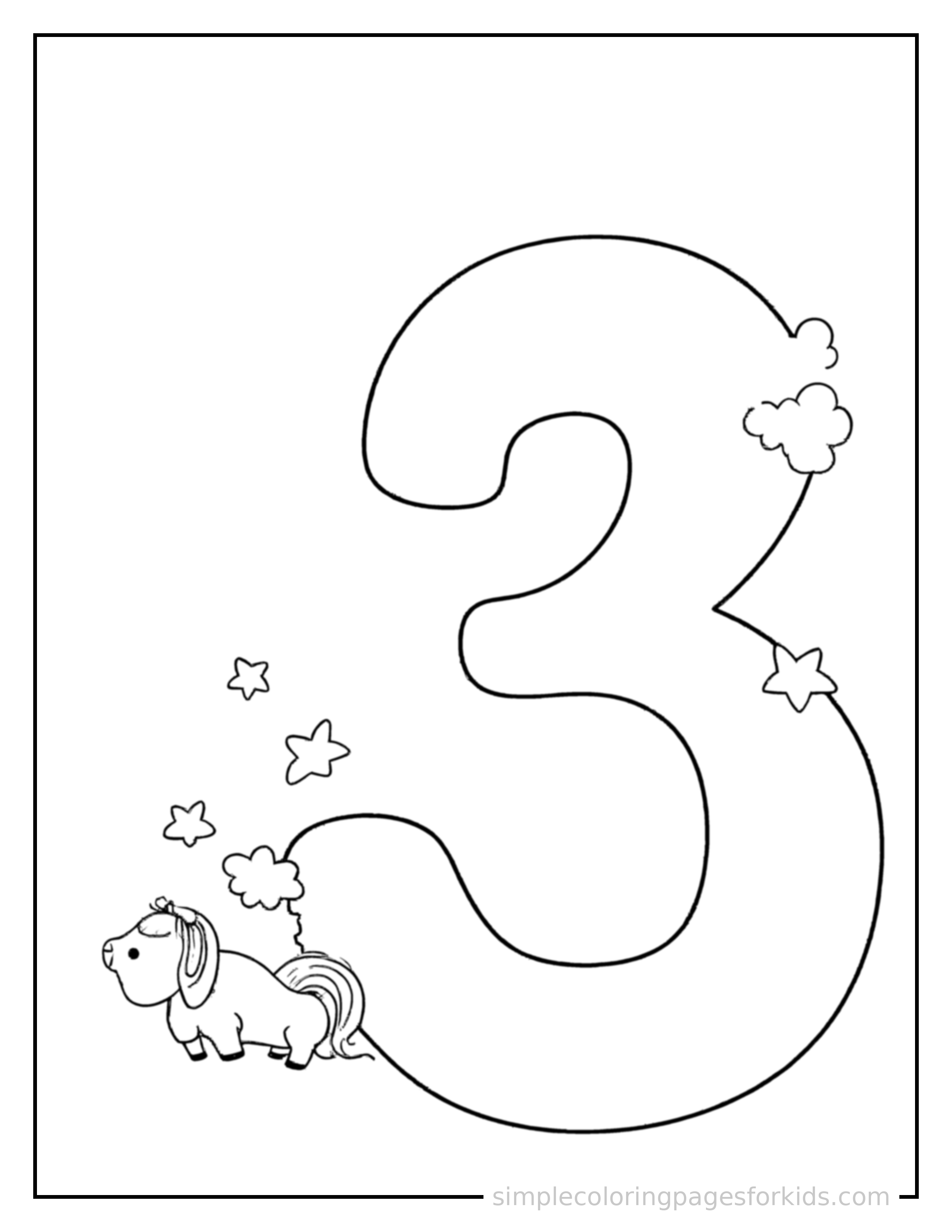 Free printable numbers coloring page featuring a giant bold number 3, very large and clearly readable, filling most of the page, with three small cute stars arranged beside it.