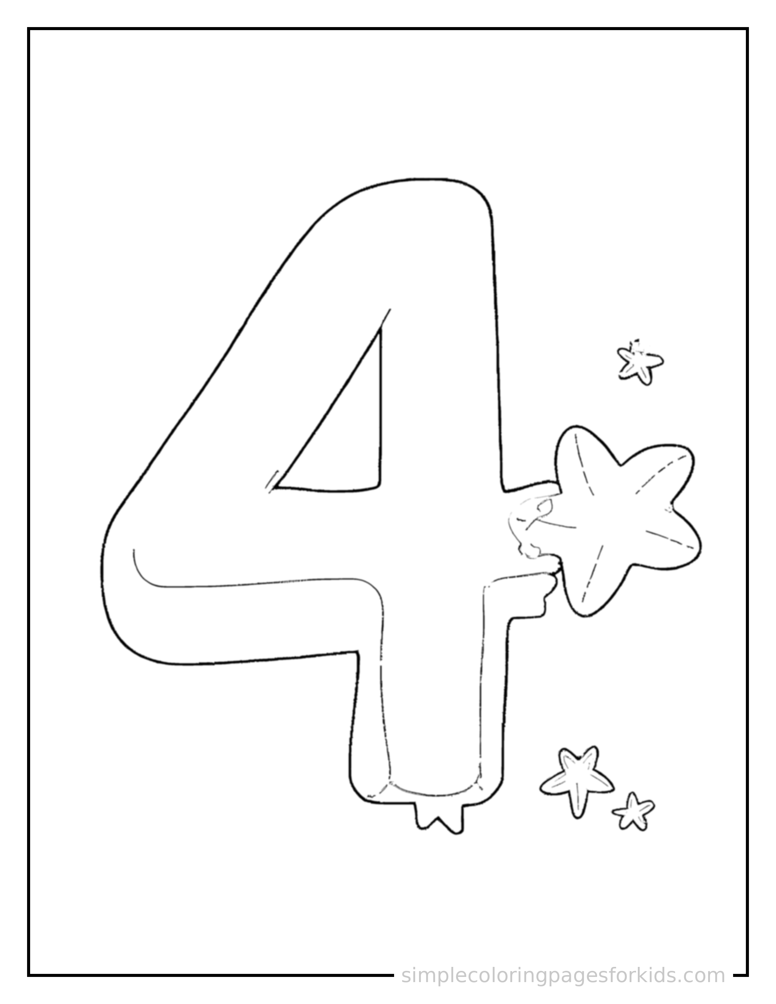 Free printable numbers coloring page featuring a giant bold number 4, very large and clearly readable, filling most of the page, with four small cute stars arranged beside it.
