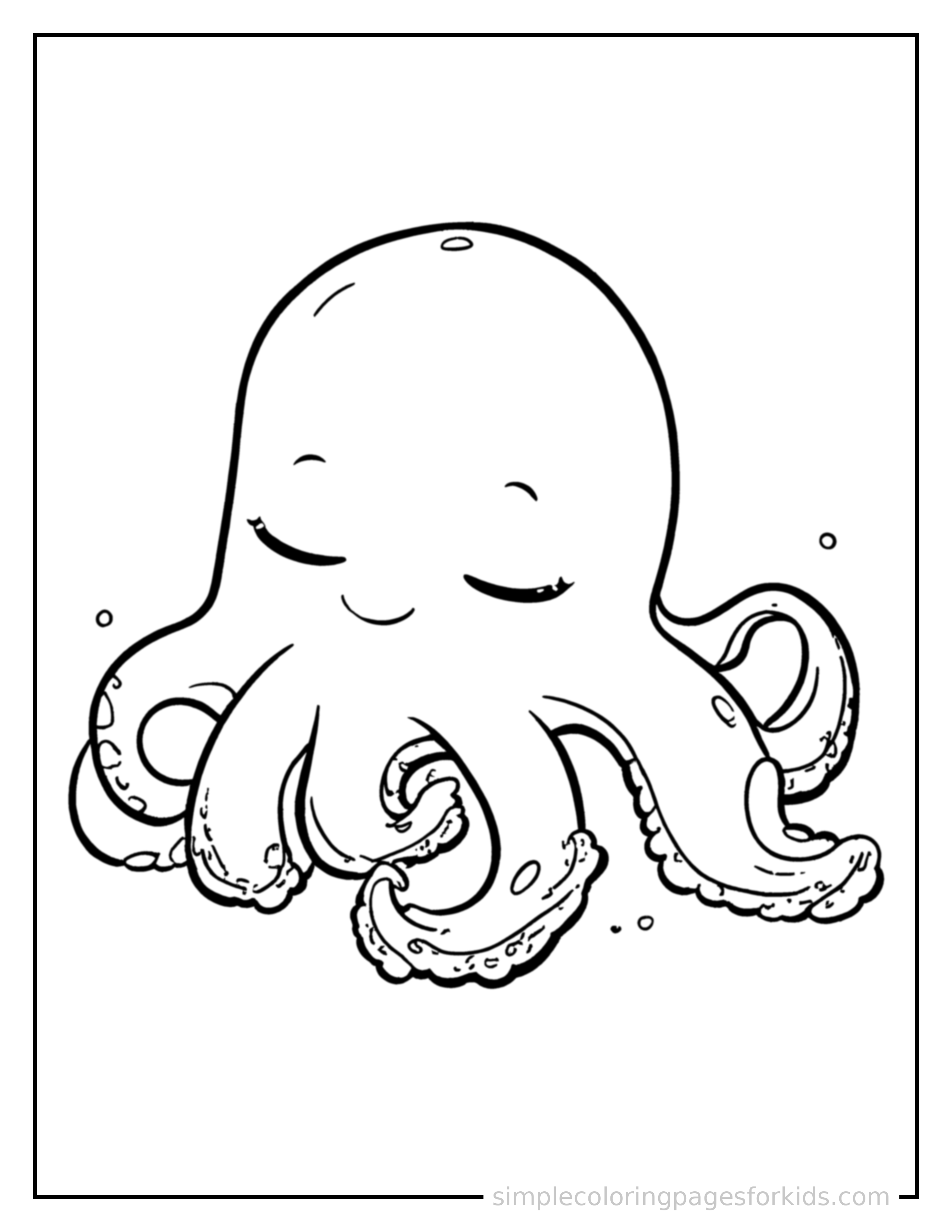 Free printable octopus coloring page featuring a cute octopus curled up fast asleep, peaceful smile, one eye scrunched shut, paws tucked under its chin.