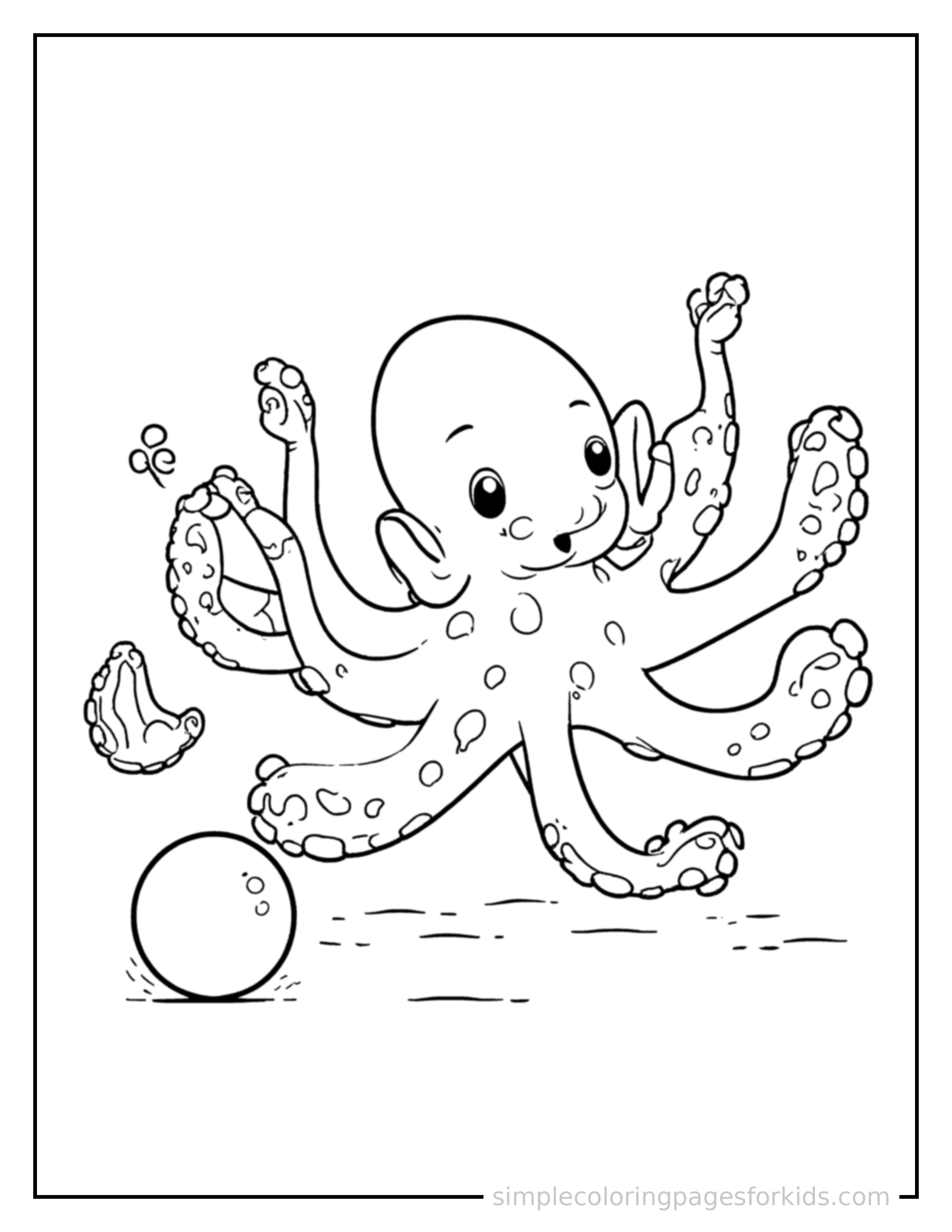 Free printable octopus coloring page featuring a cute octopus mid-bounce chasing a round ball, front paws stretched forward, mouth open with excitement, ears flopping.