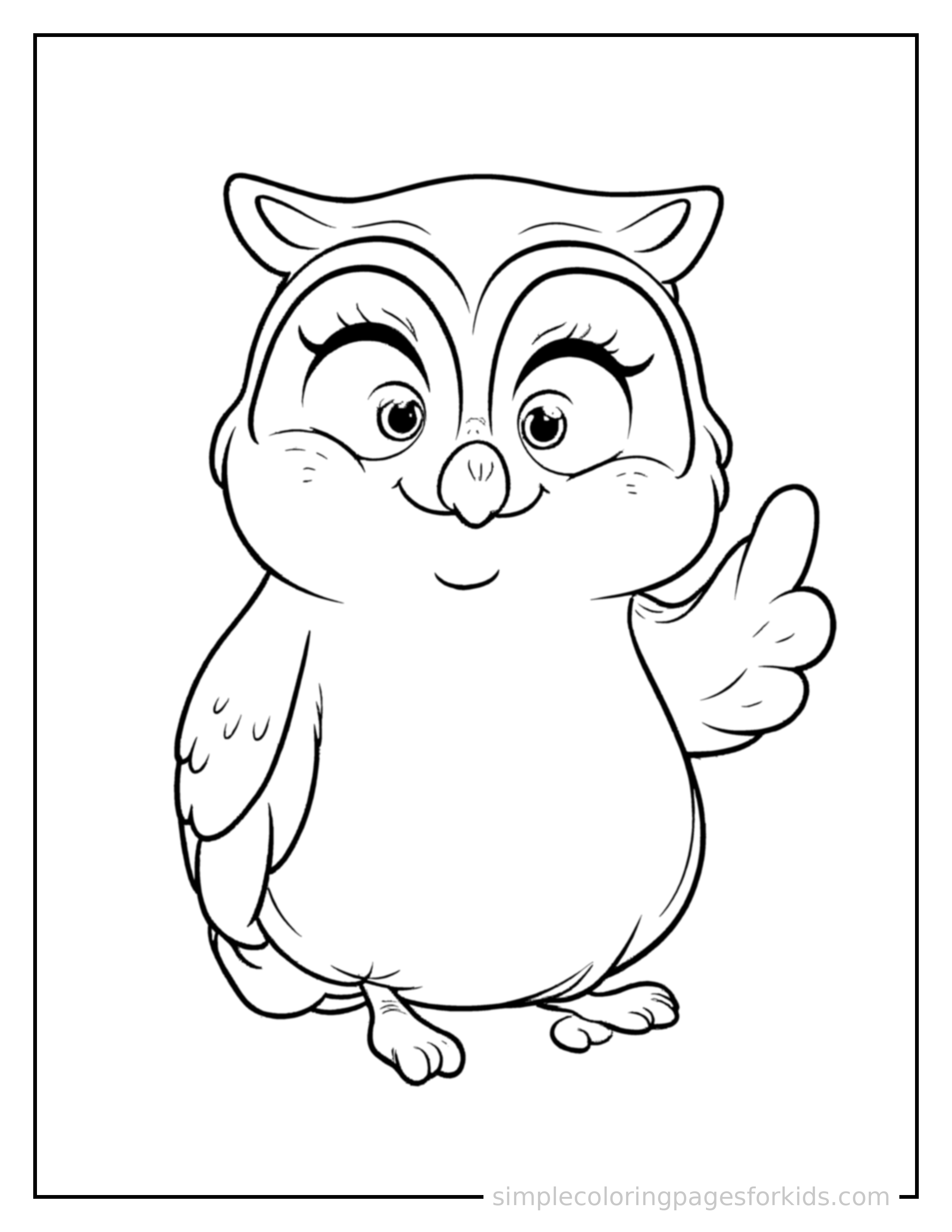 Free printable owl coloring page featuring a cute owl sitting up tall with a big cheerful grin, head tilted slightly, one paw raised in a wave.