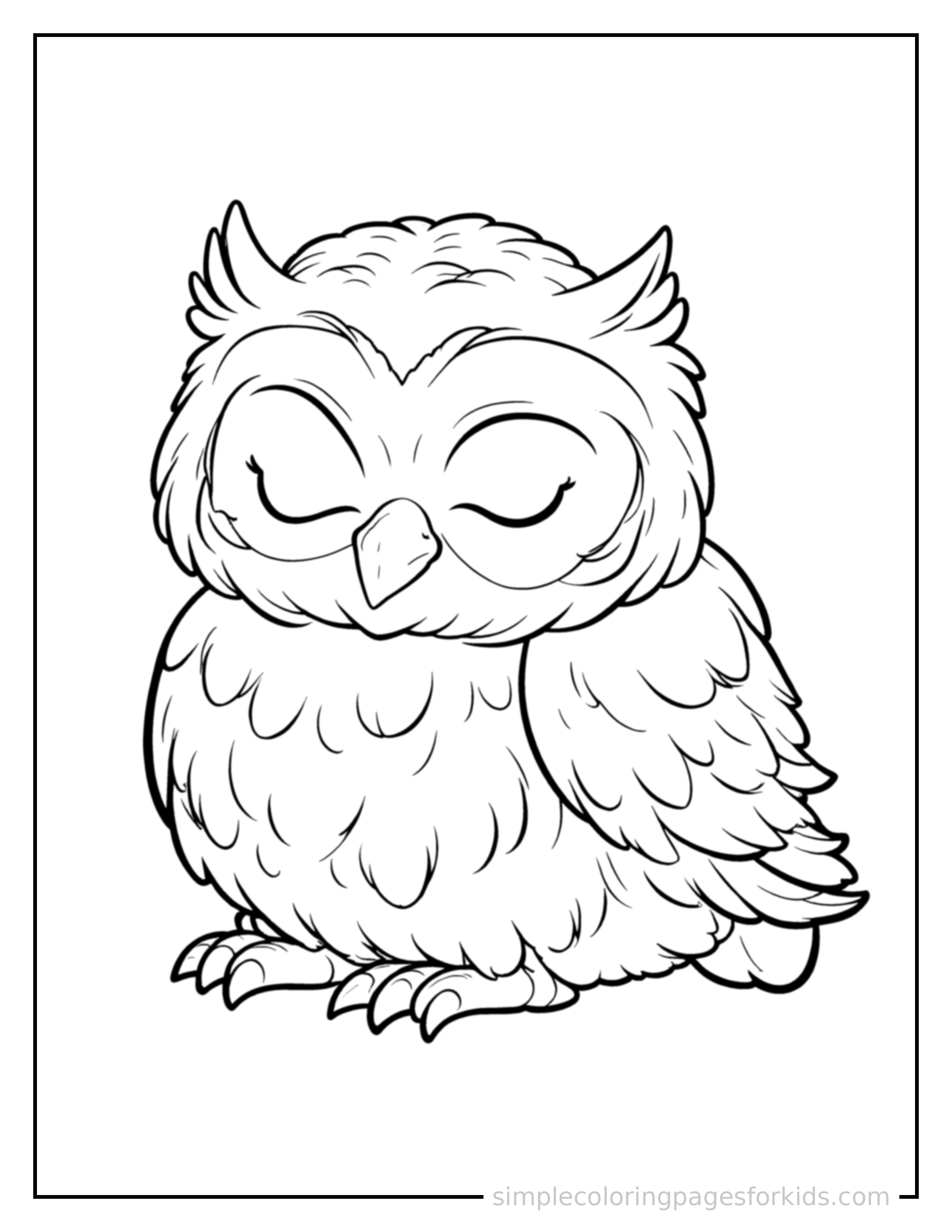Free printable owl coloring page featuring a cute owl curled up fast asleep, peaceful smile, one eye scrunched shut, paws tucked under its chin.
