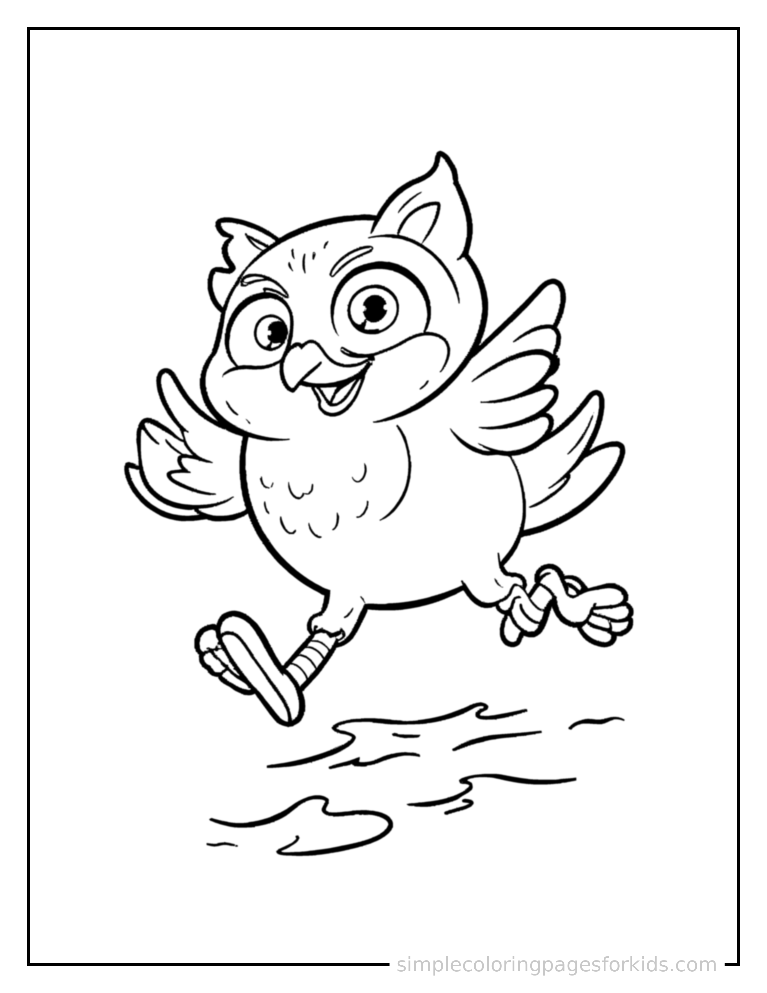Free printable owl coloring page featuring a cute owl galloping forward at full speed, tongue out, ears flying back, big happy grin.