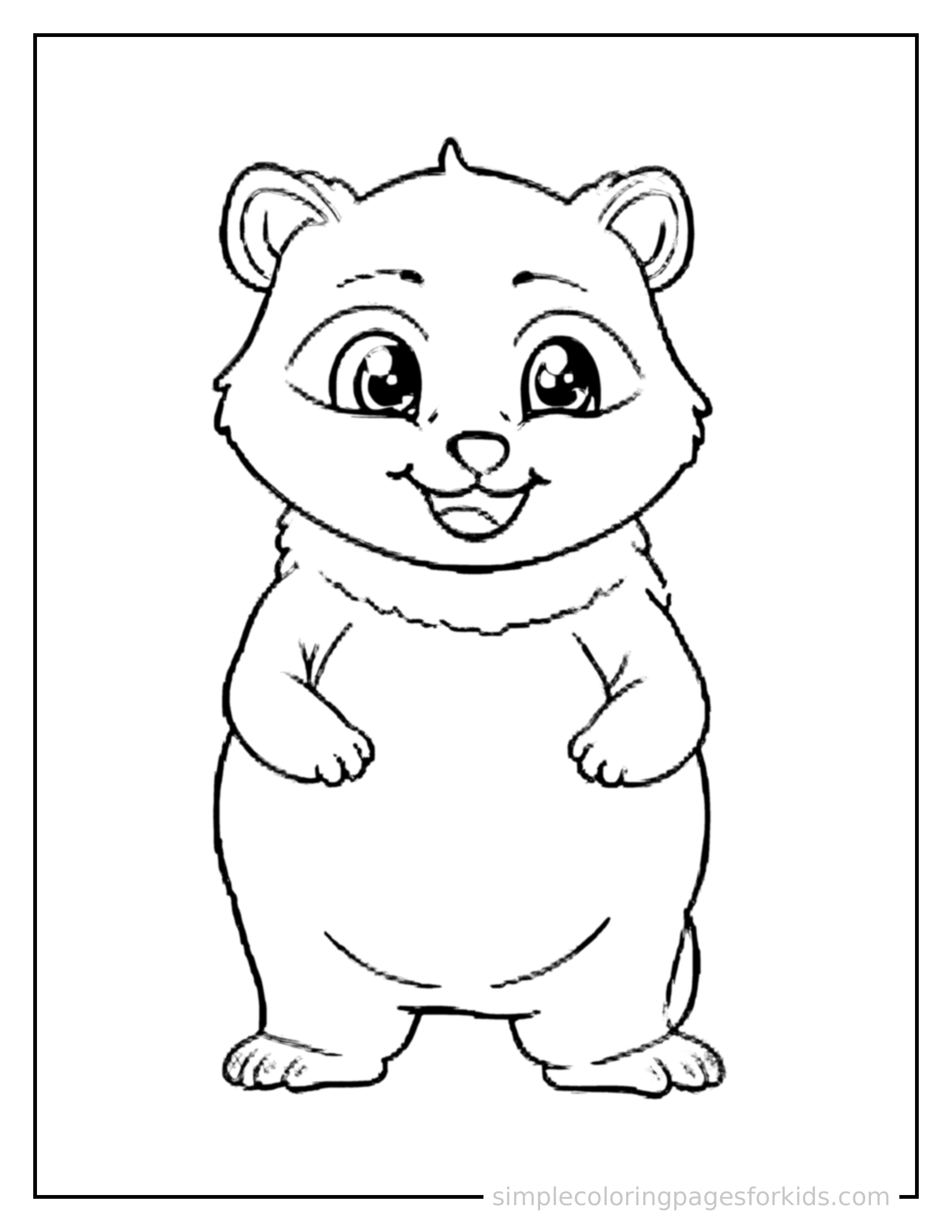 Free printable panda coloring page featuring a cute panda standing proudly on all fours, chest puffed out, big sparkling happy eyes, mouth open in a joyful smile.