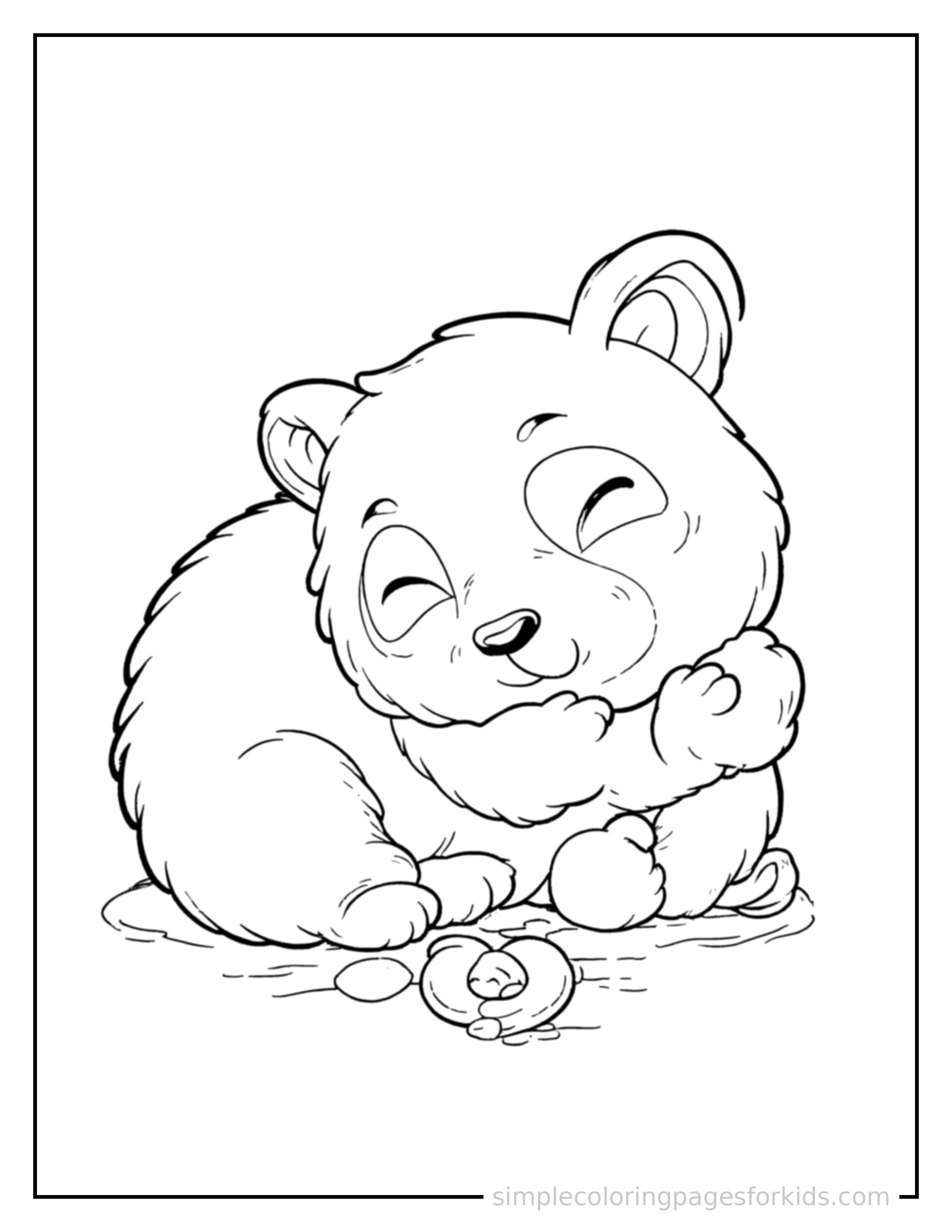 Free printable panda coloring page featuring a cute panda curled up fast asleep, peaceful smile, one eye scrunched shut, paws tucked under its chin.