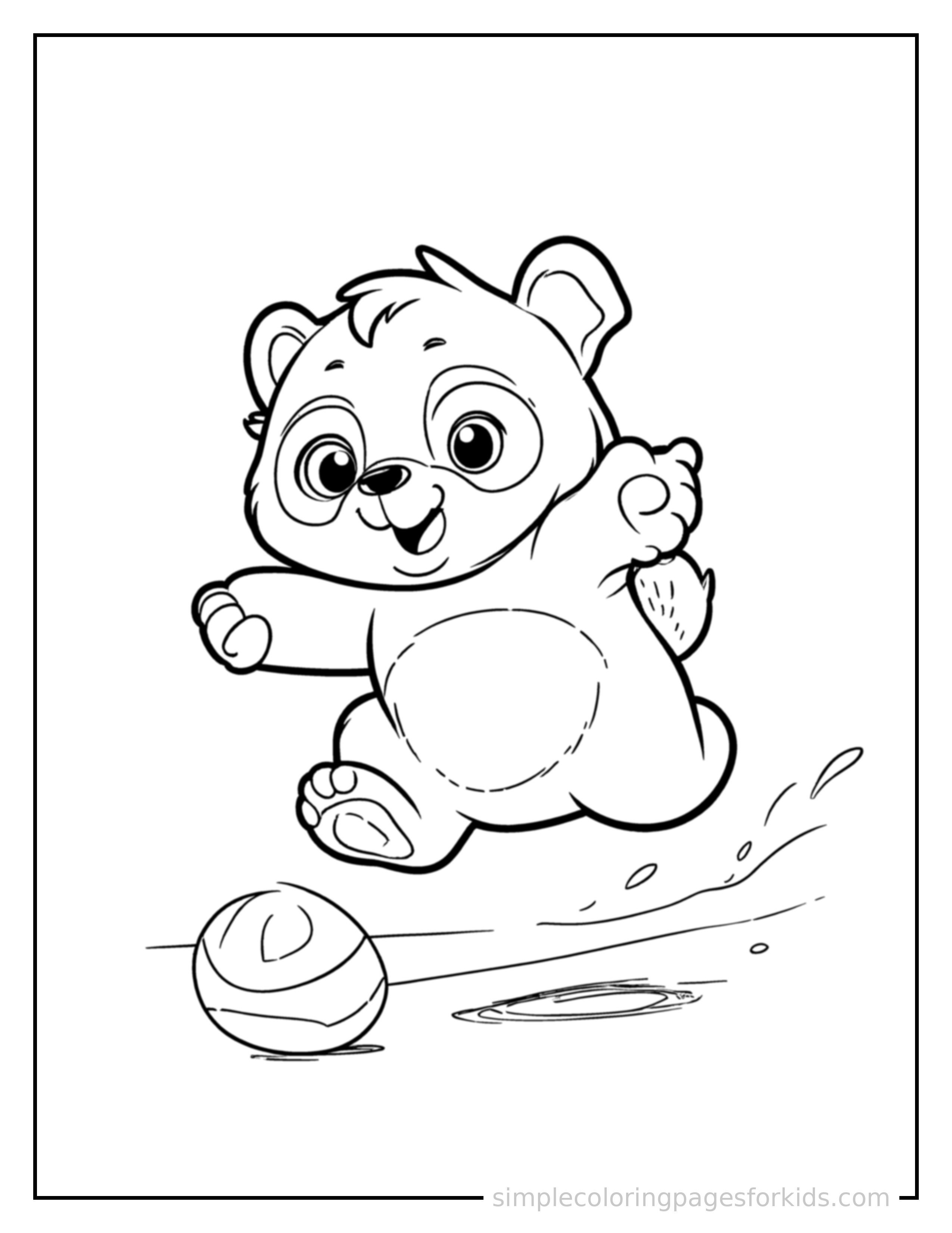 Free printable panda coloring page featuring a cute panda mid-bounce chasing a round ball, front paws stretched forward, mouth open with excitement, ears flopping.