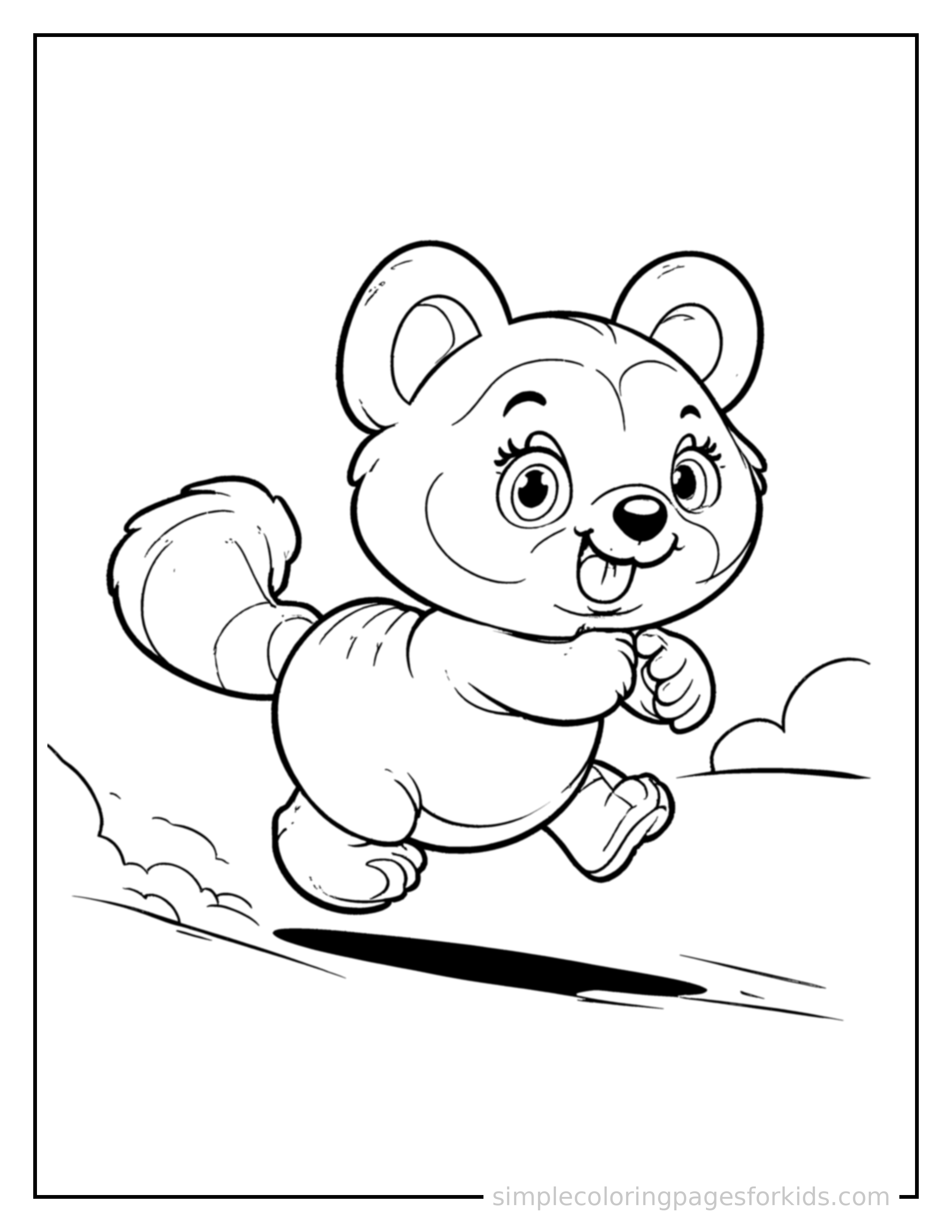 Free printable panda coloring page featuring a cute panda galloping forward at full speed, tongue out, ears flying back, big happy grin.