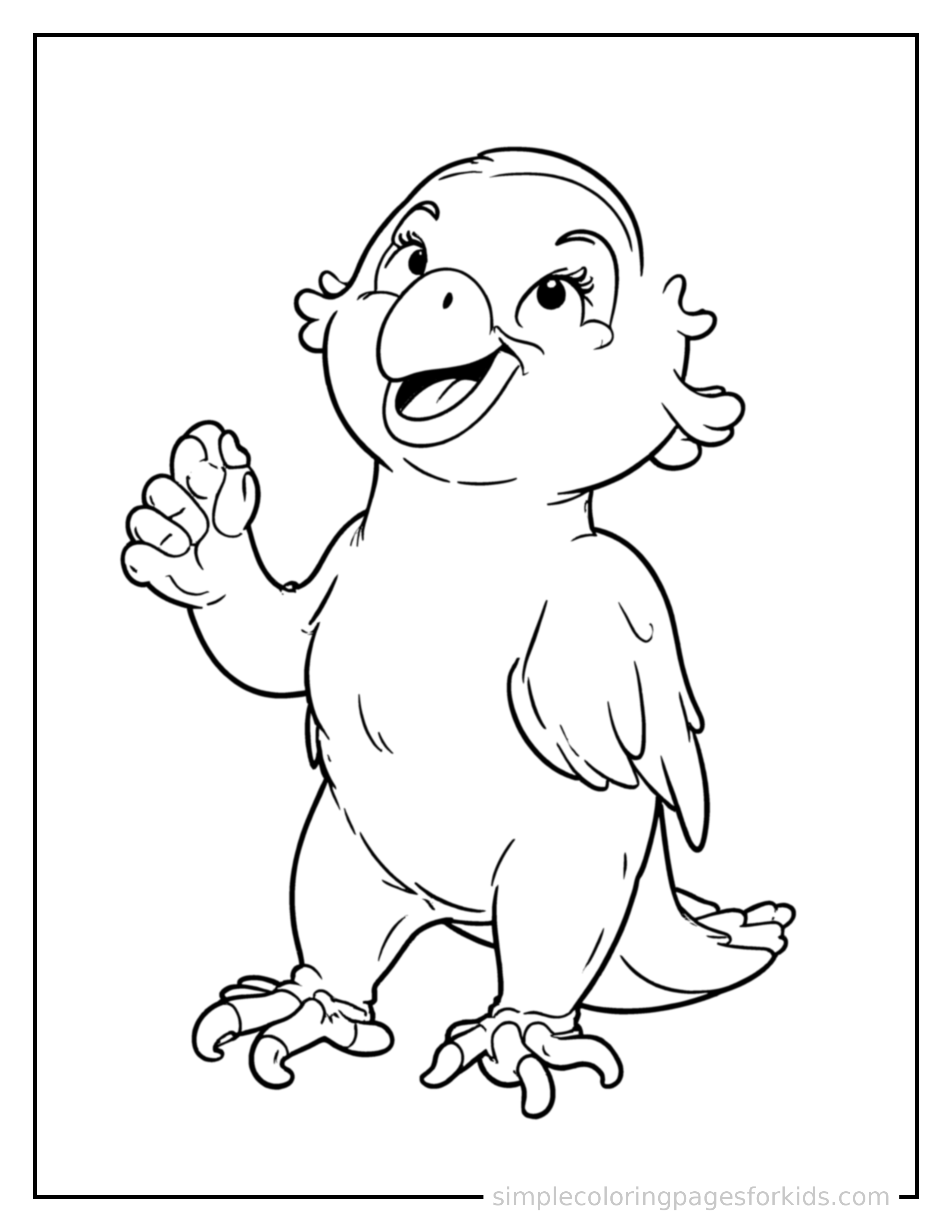 Free printable parrot coloring page featuring a cute parrot sitting up tall with a big cheerful grin, head tilted slightly, one paw raised in a wave.