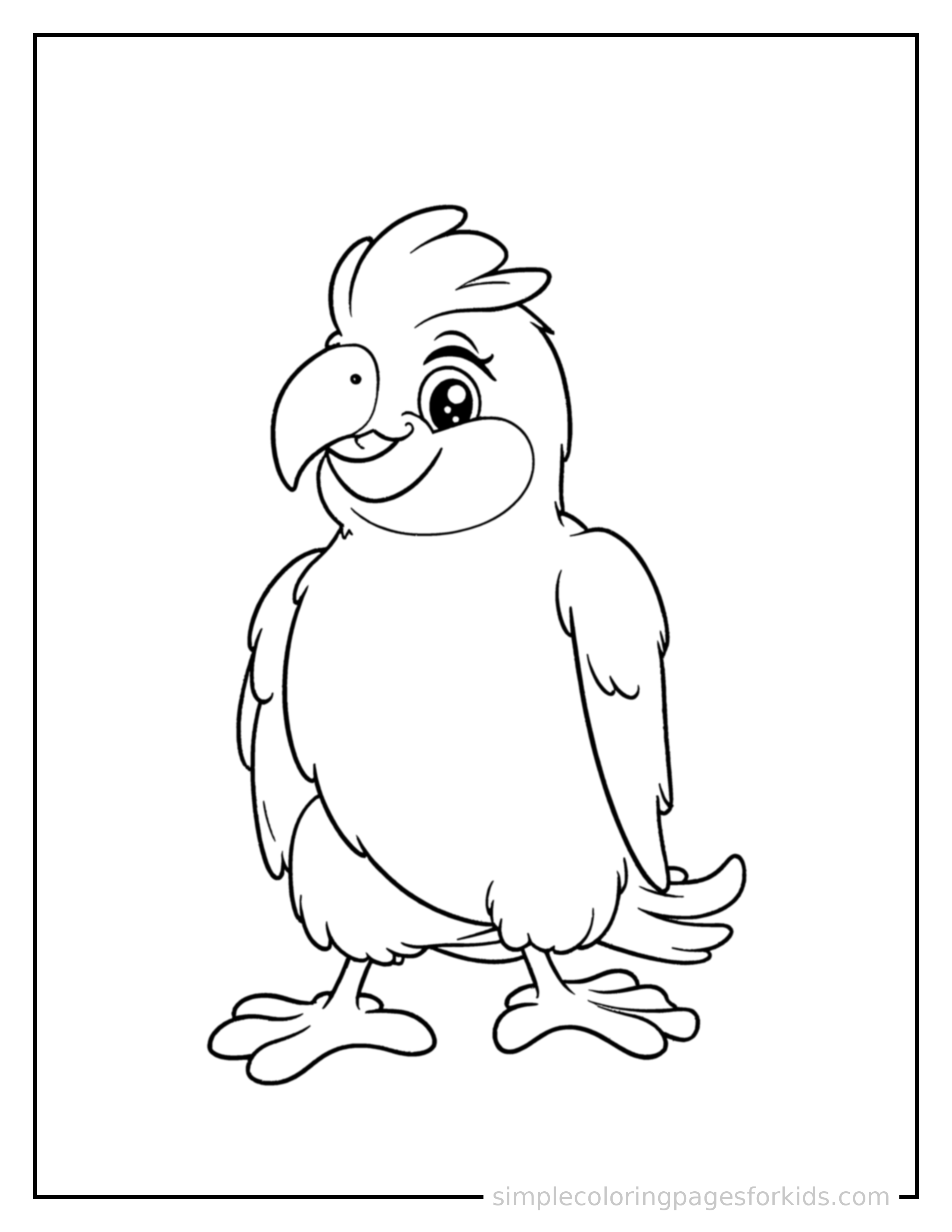 Free printable parrot coloring page featuring a cute parrot standing proudly on all fours, chest puffed out, big sparkling happy eyes, mouth open in a joyful smile.
