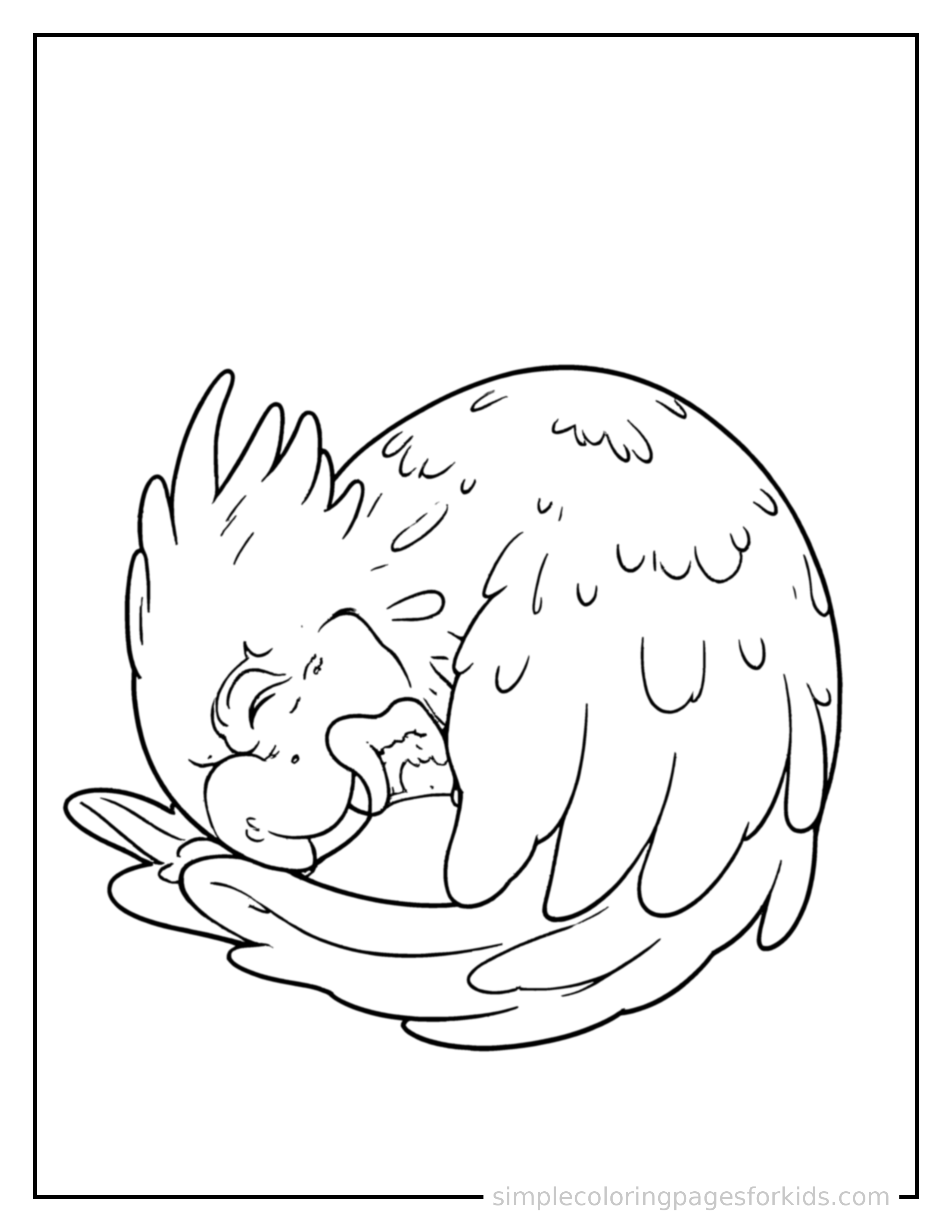Free printable parrot coloring page featuring a cute parrot curled up fast asleep, peaceful smile, one eye scrunched shut, paws tucked under its chin.