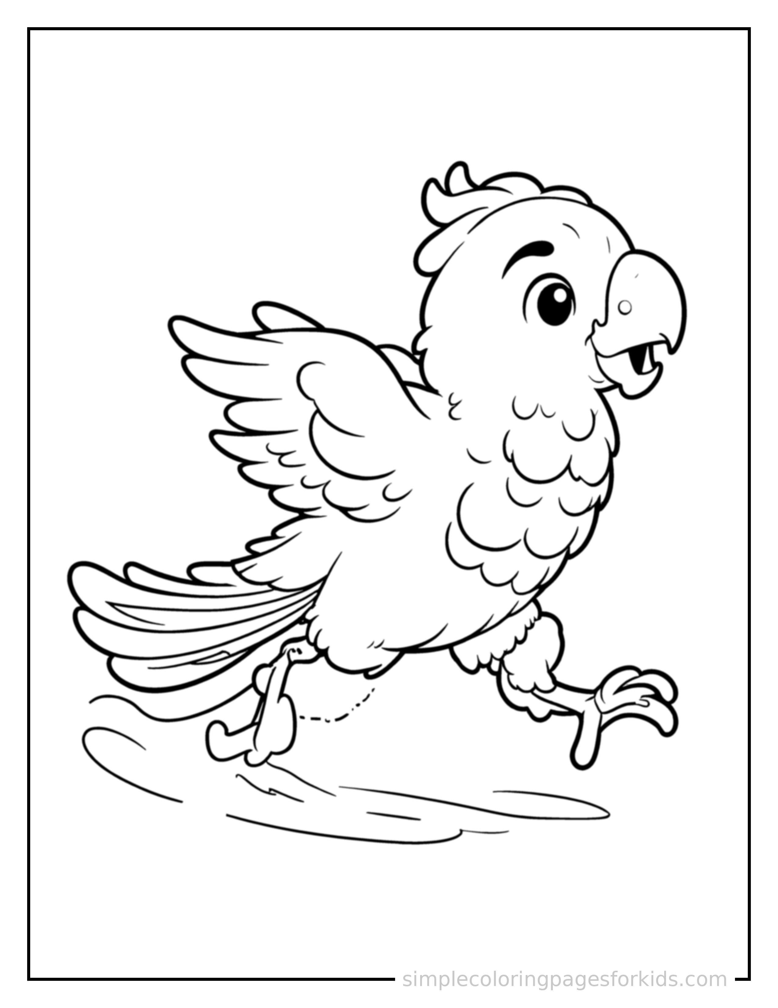 Free printable parrot coloring page featuring a cute parrot galloping forward at full speed, tongue out, ears flying back, big happy grin.